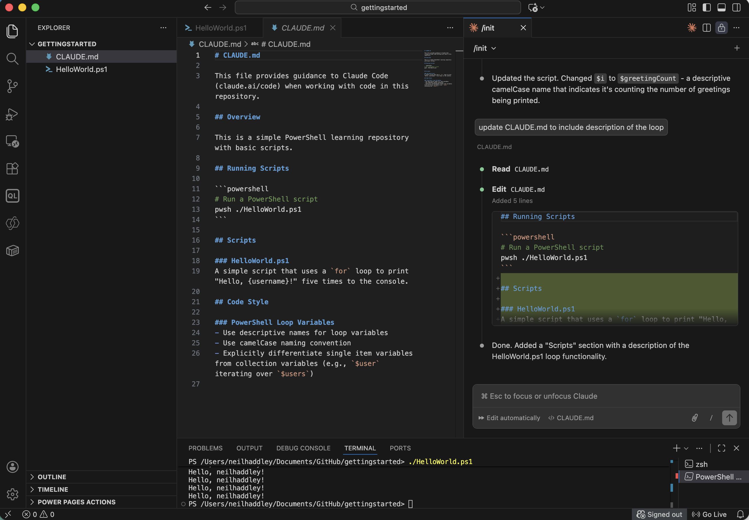 Claude updated CLAUDE.md to document the loop logic