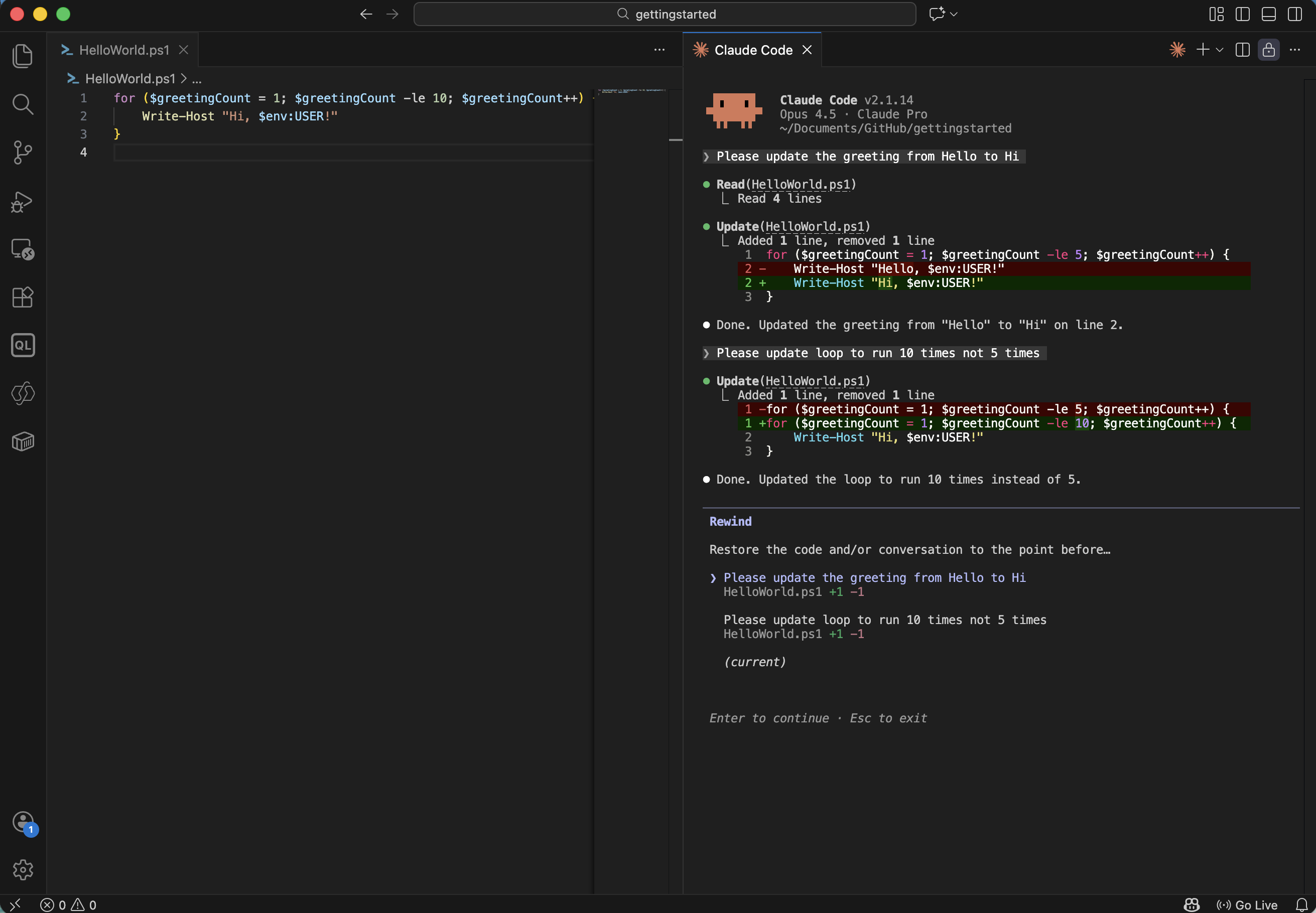 I pressed ESC ESC to open the rewind menu and selected an earlier checkpoint
