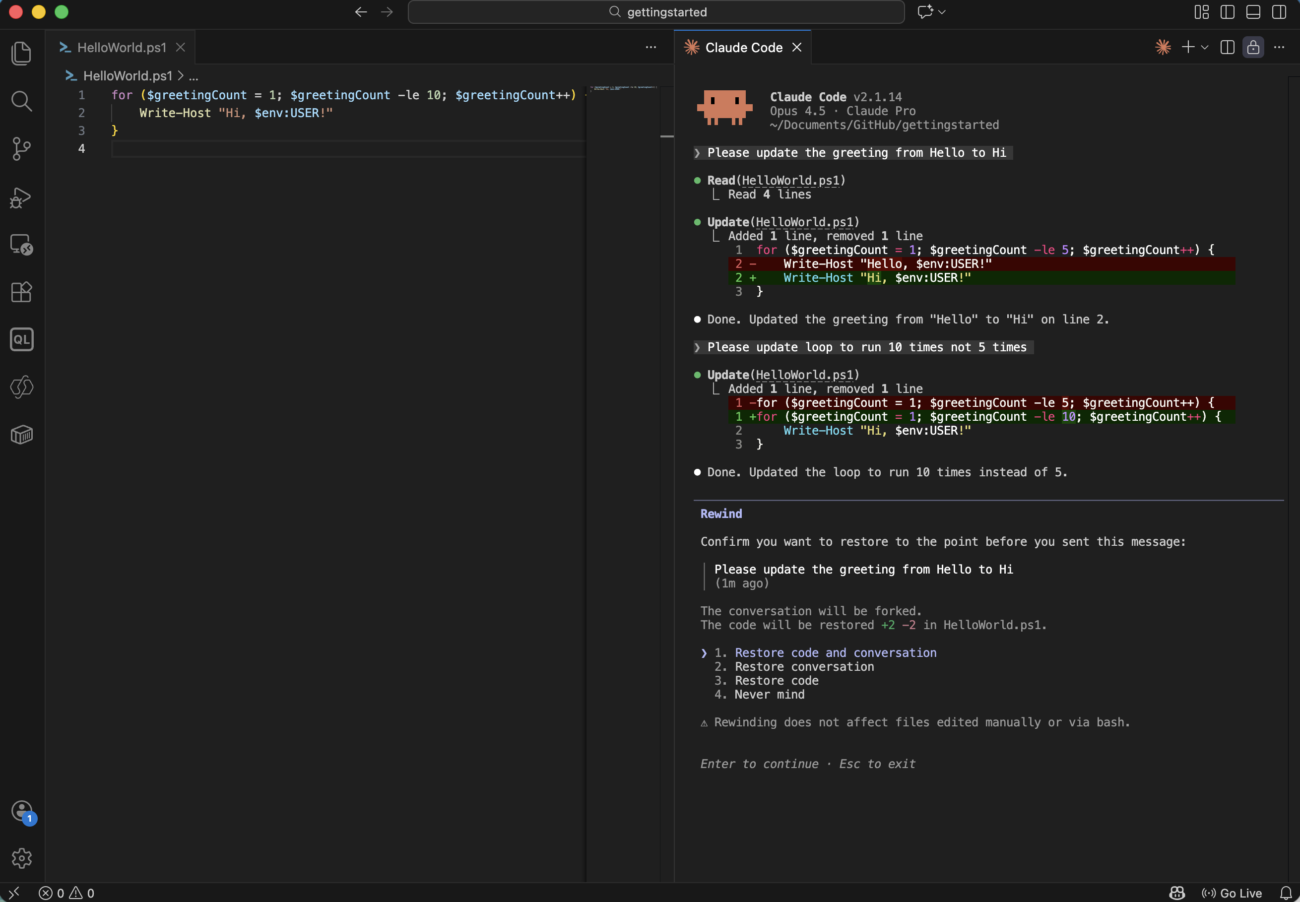 Claude restored the code and conversation to that point
