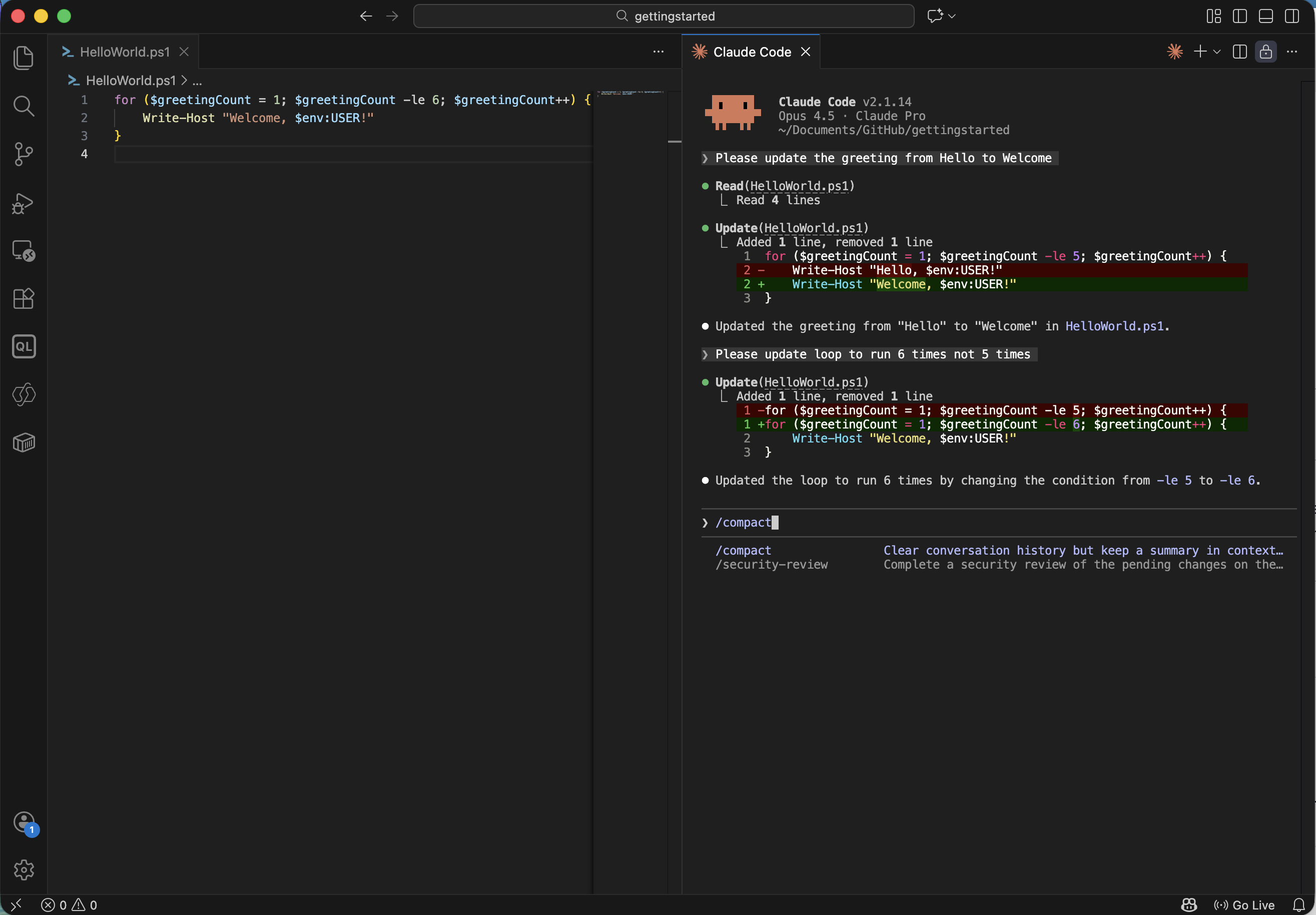 I ran /compact to summarise the conversation