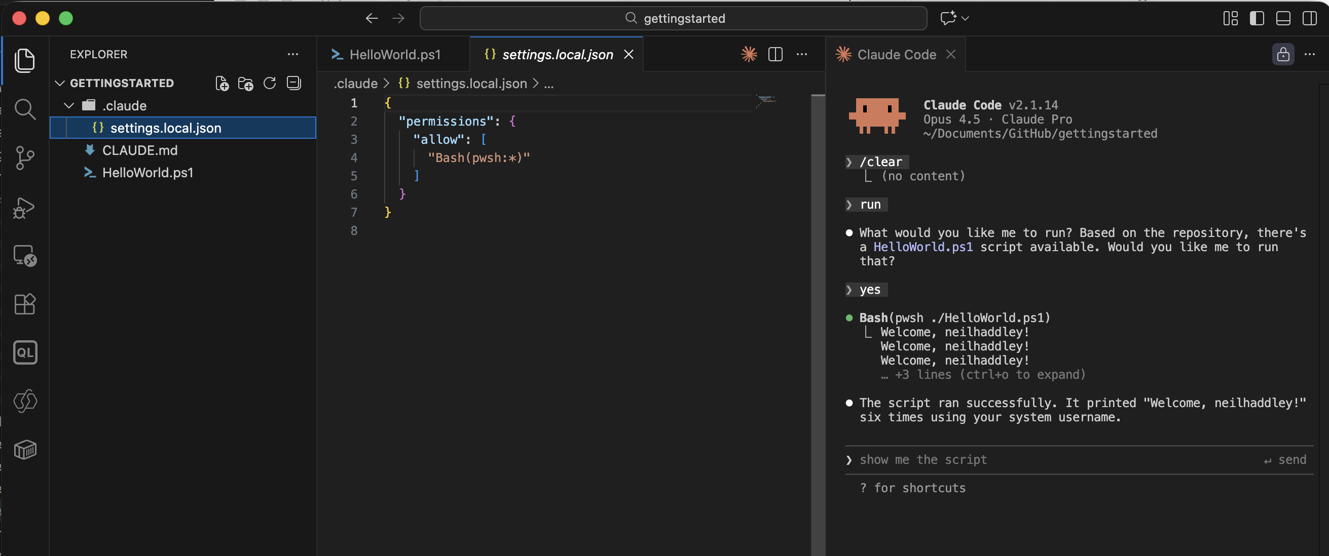 Claude wrote the allow rule to settings.local.json — `{"permissions": {"allow": ["Bash(pwsh:*)"]}}`