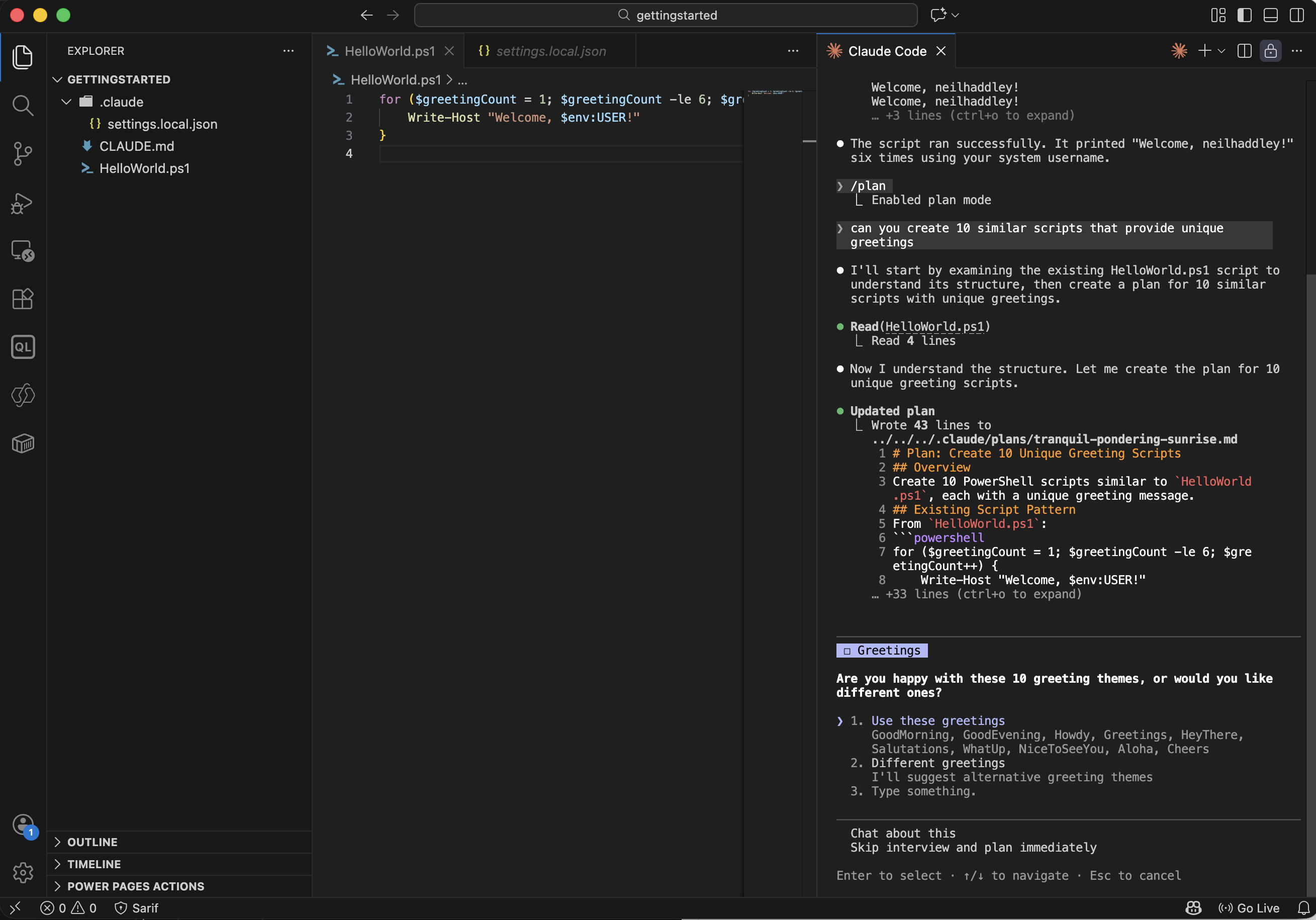 Claude drafted a plan listing the greetings it would use for each script