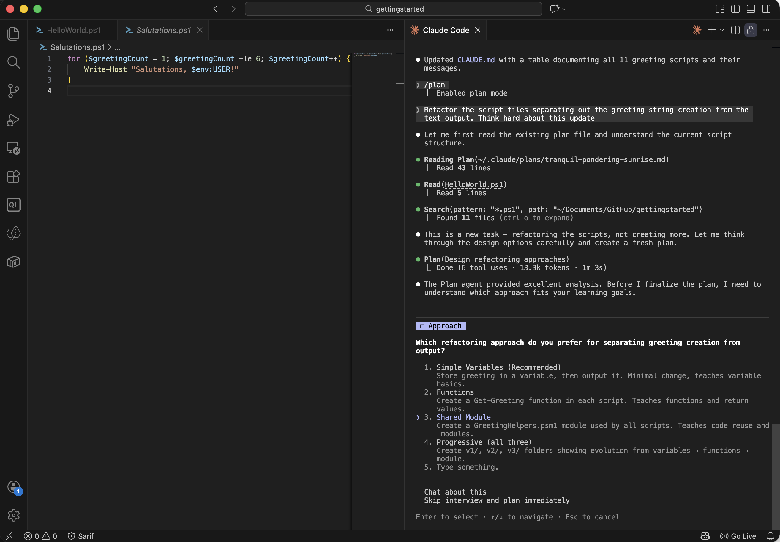 Claude chose a shared module approach to separate greeting creation from output