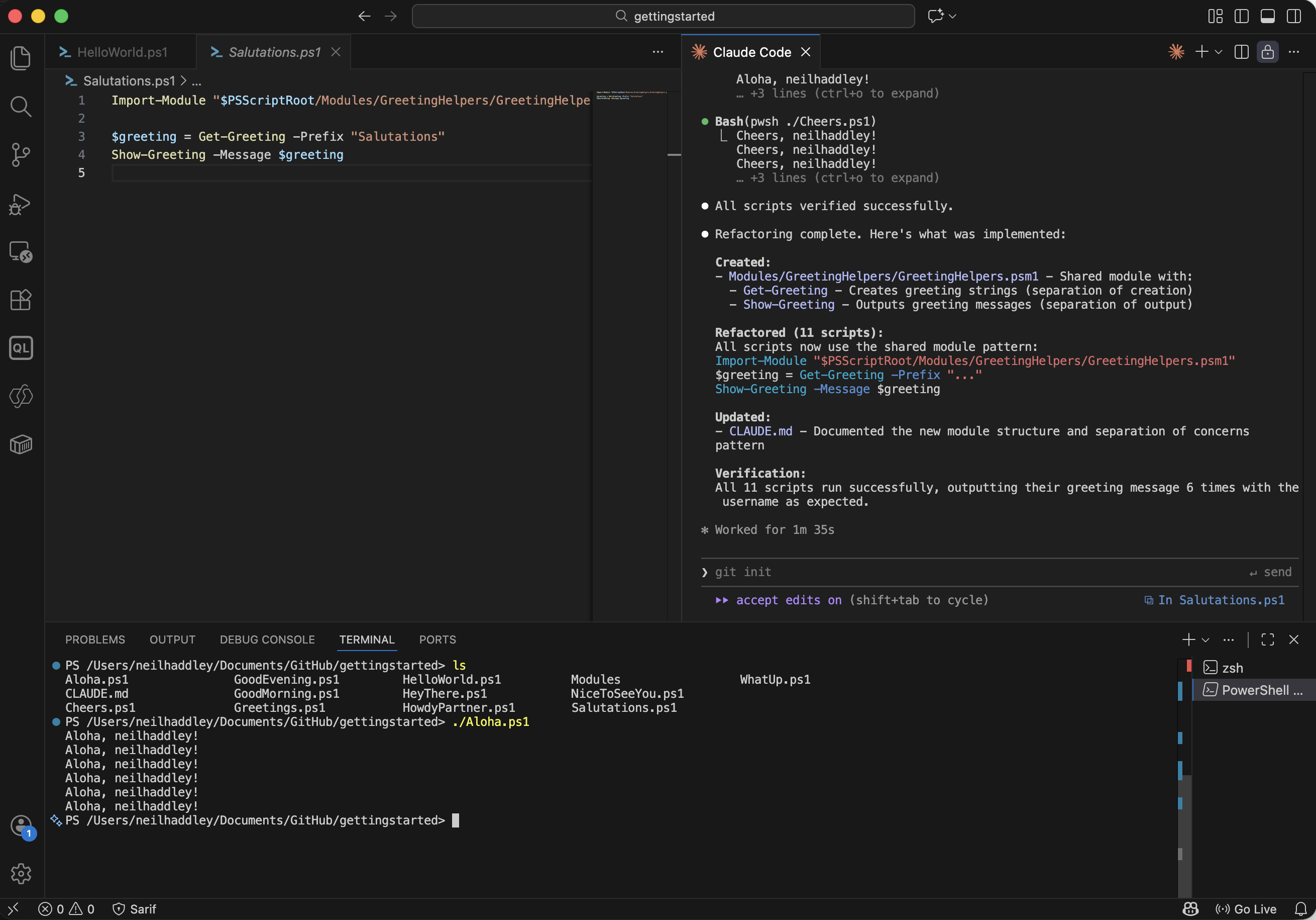 I verified one script manually — ./Aloha.ps1 ran correctly