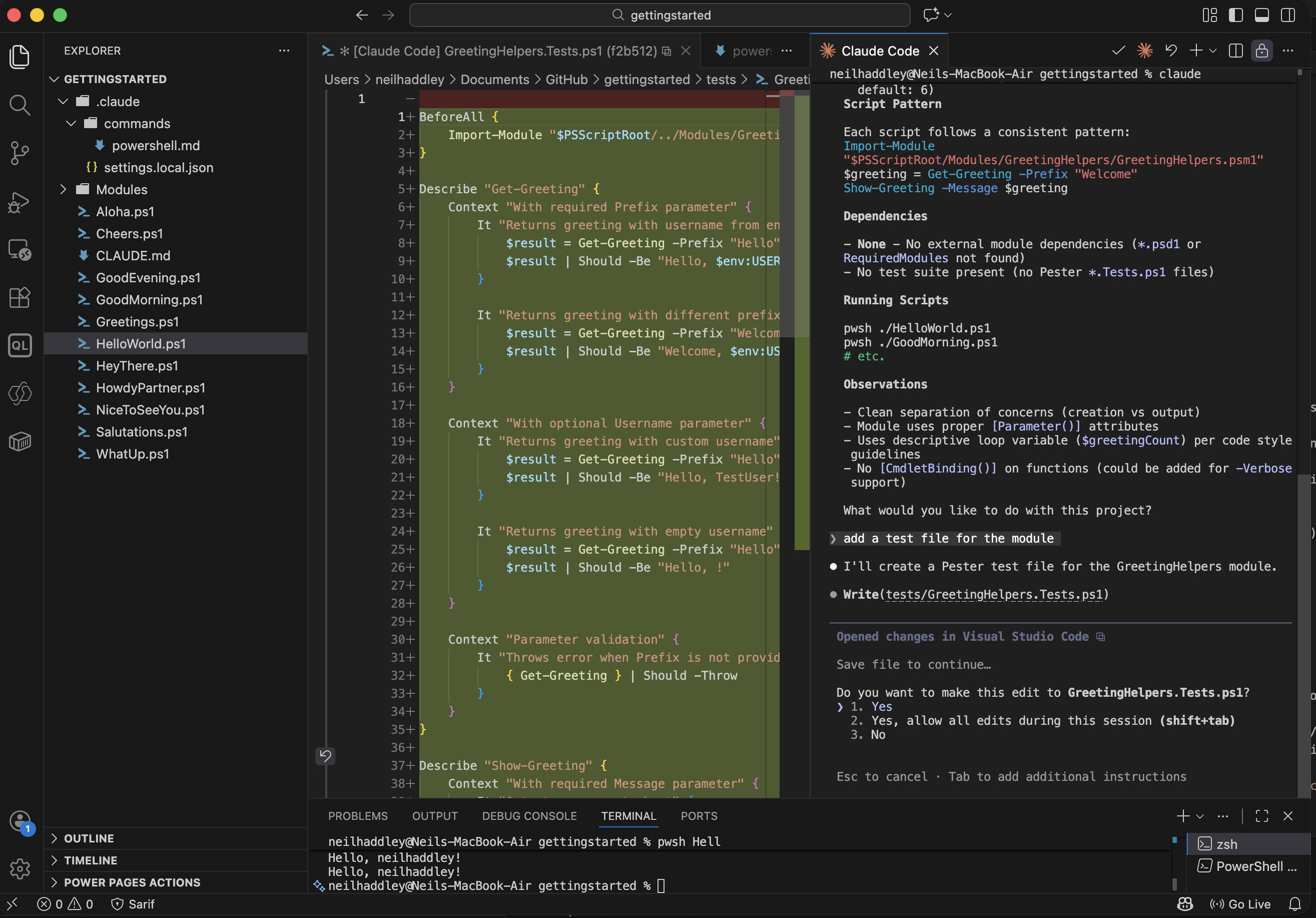 I asked Claude to add a test file for the GreetingHelpers module