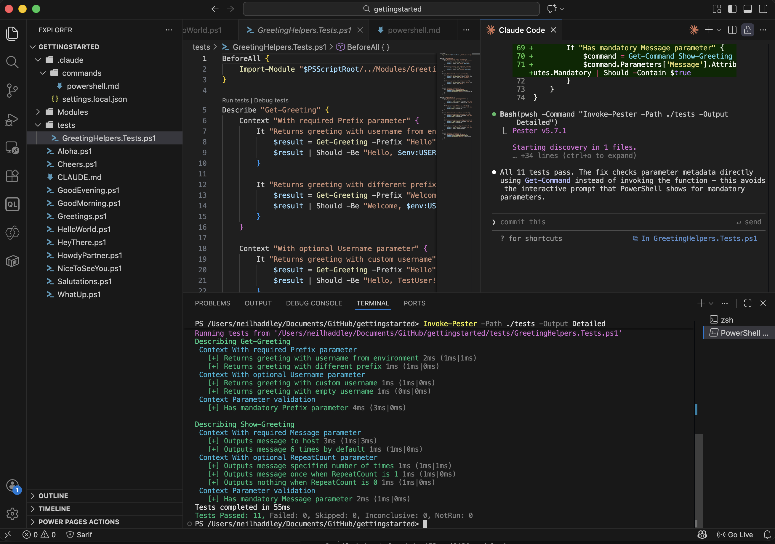 All 11 Pester tests passed