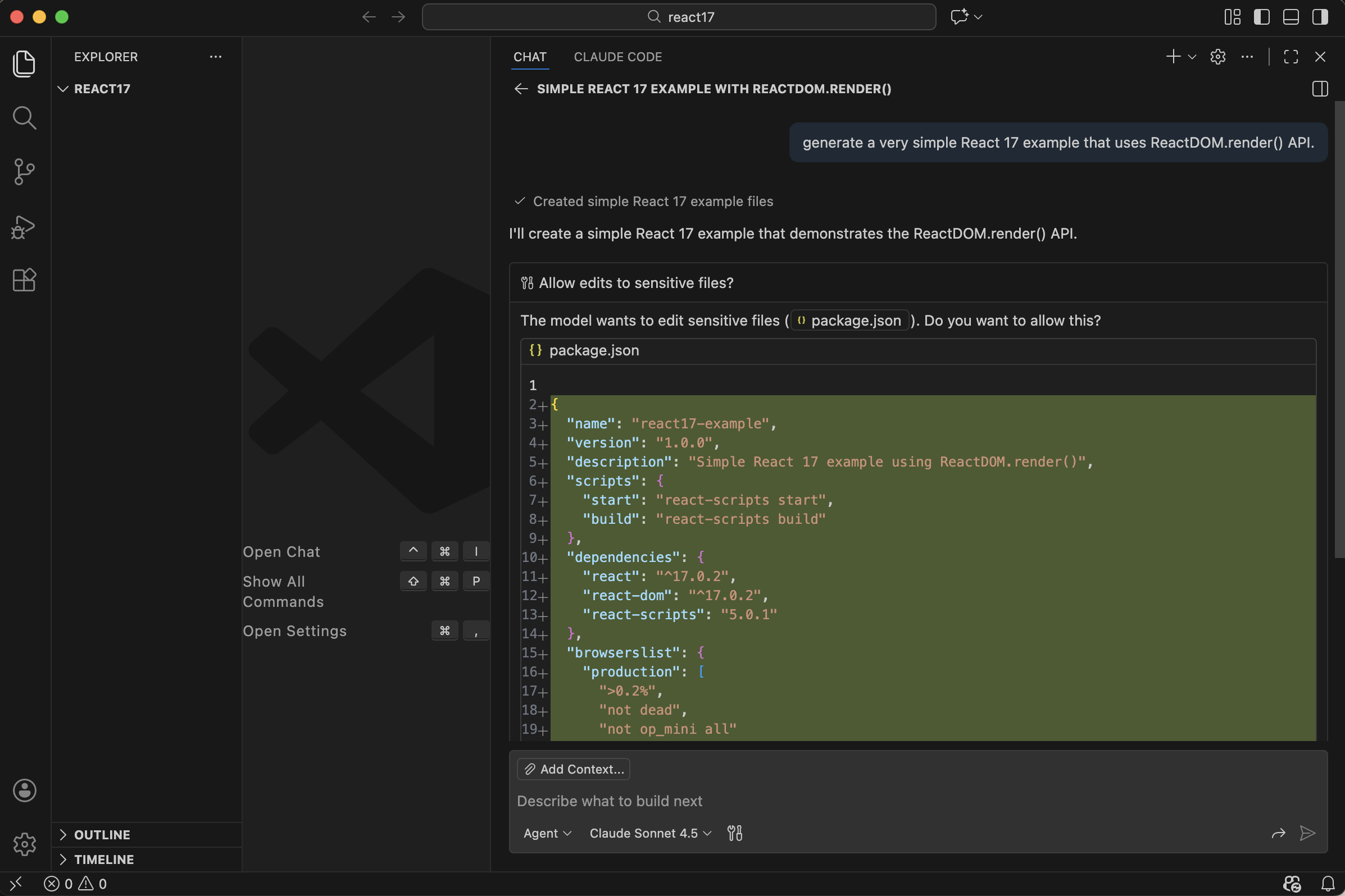 Claude generated a package.json targeting React 17