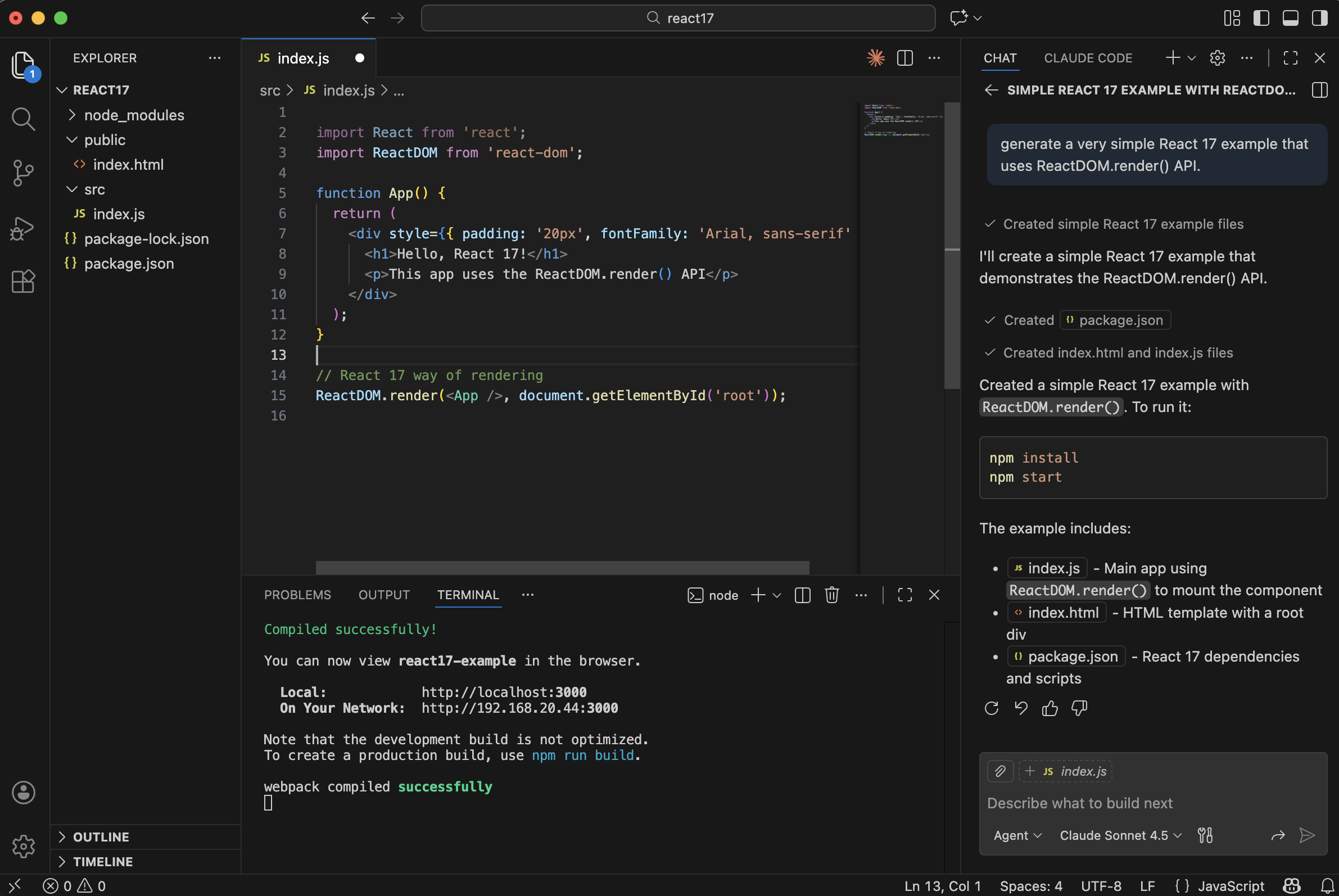 Claude generated index.js using the React 17 ReactDOM.render() API