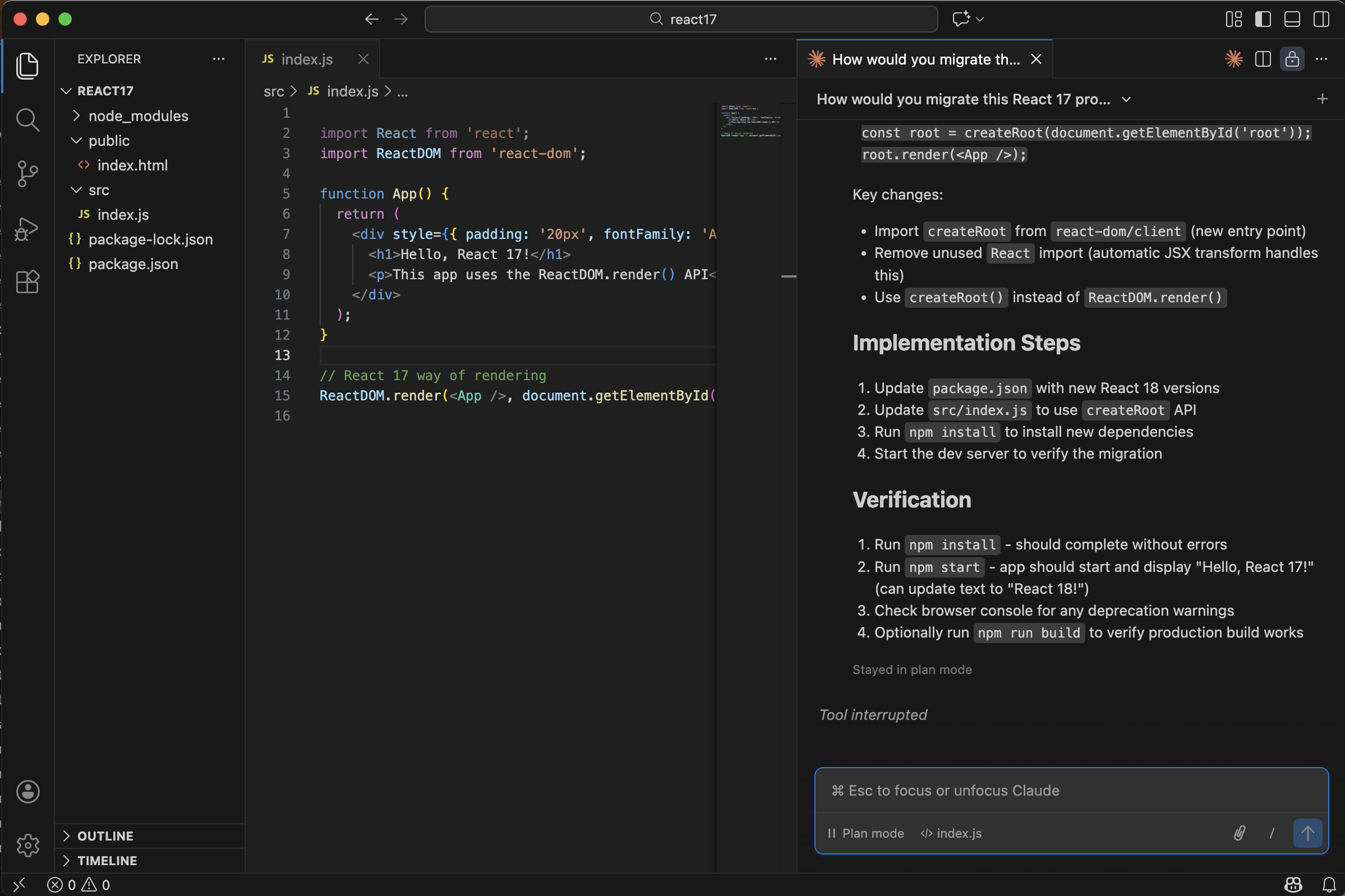 Claude correctly identified the need to replace ReactDOM.render() with createRoot()