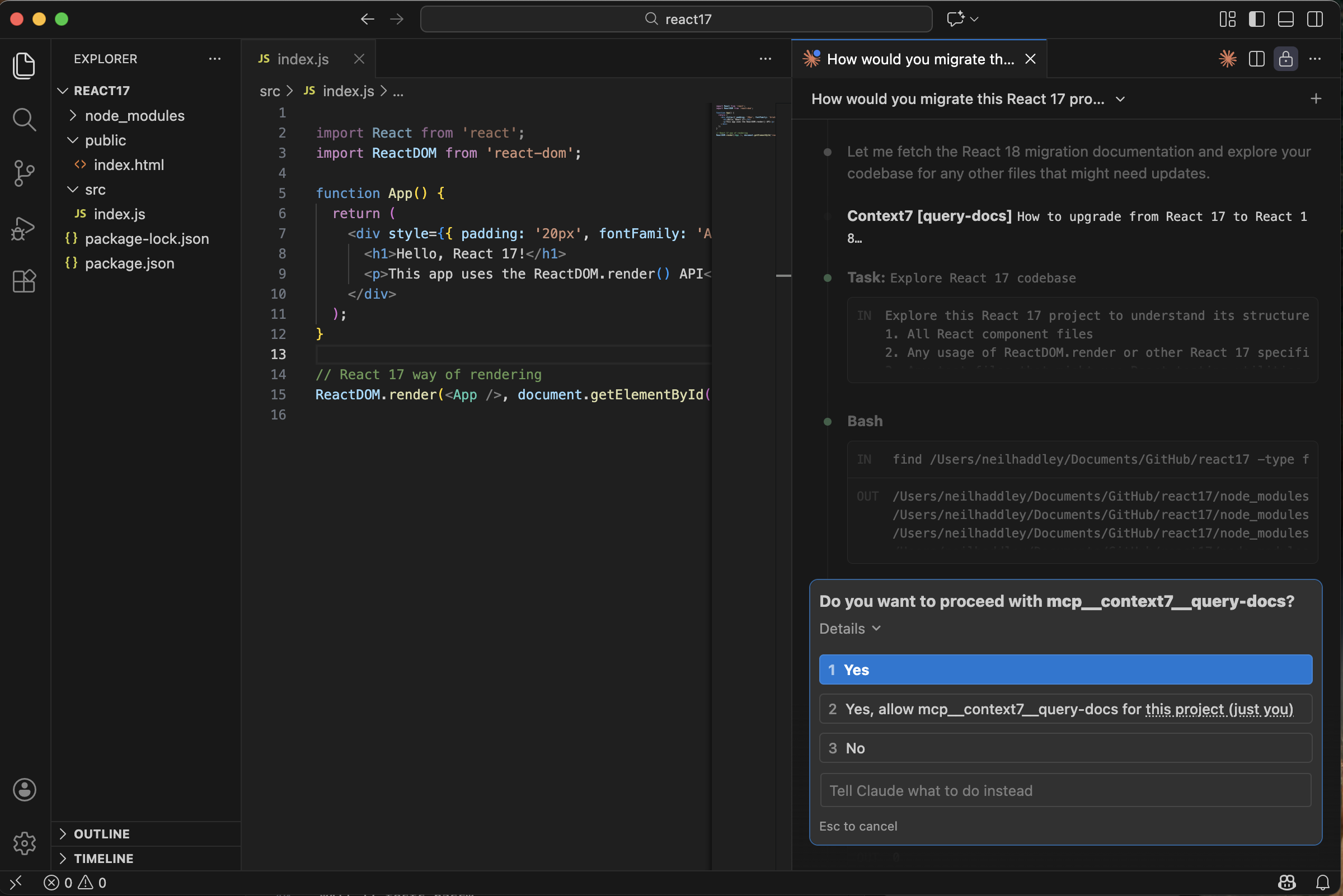 Claude fetched the React 18 migration docs from Context7
