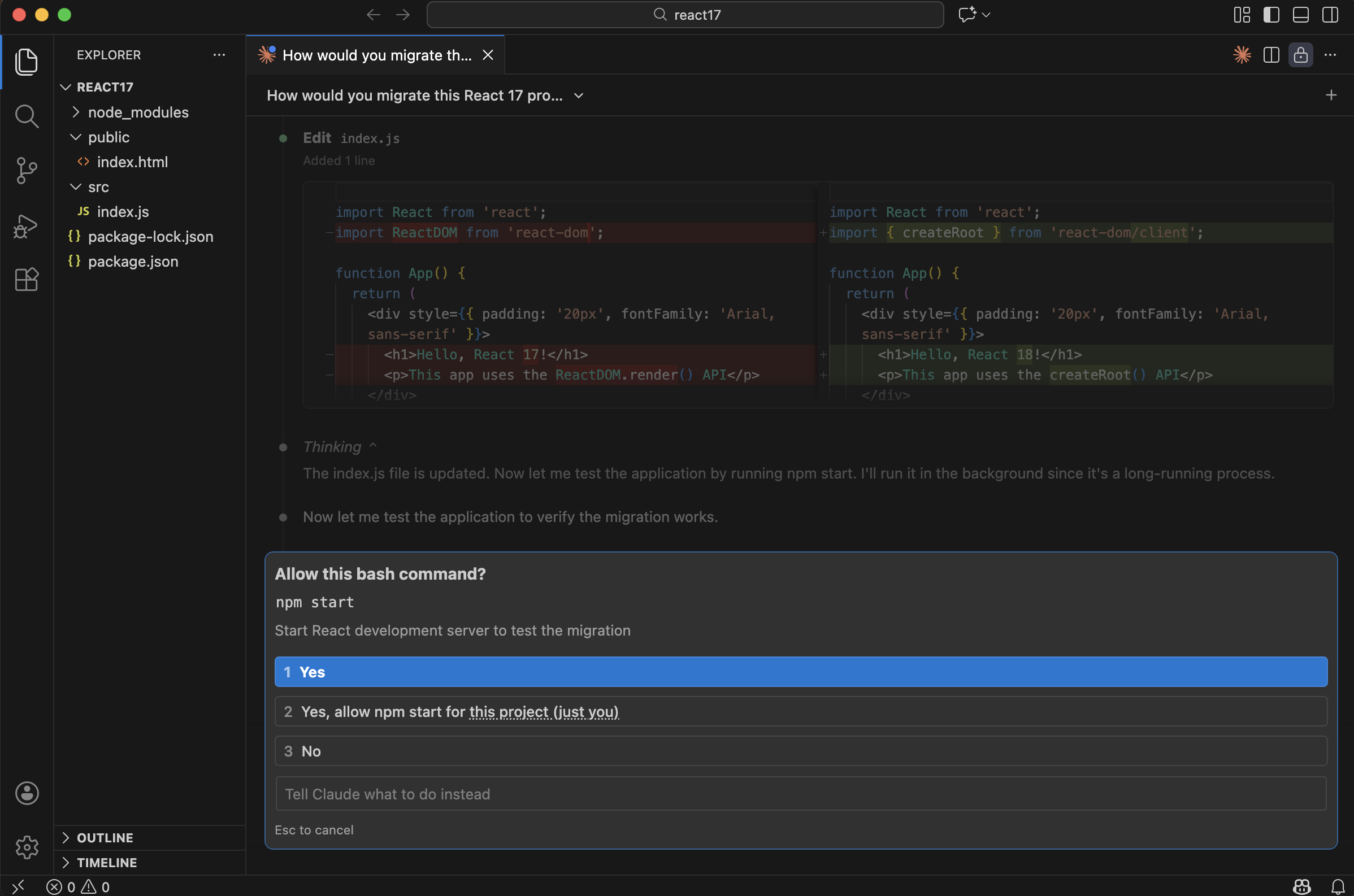 I approved the bash command to install the React 18 packages