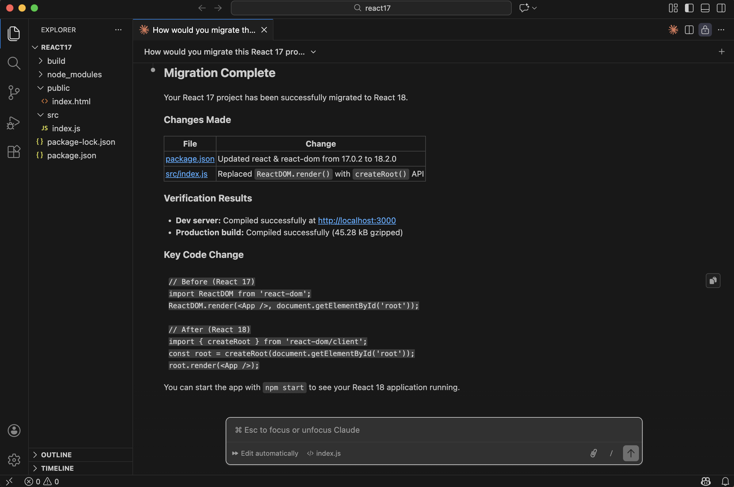 Migration complete — the app ran correctly on React 18