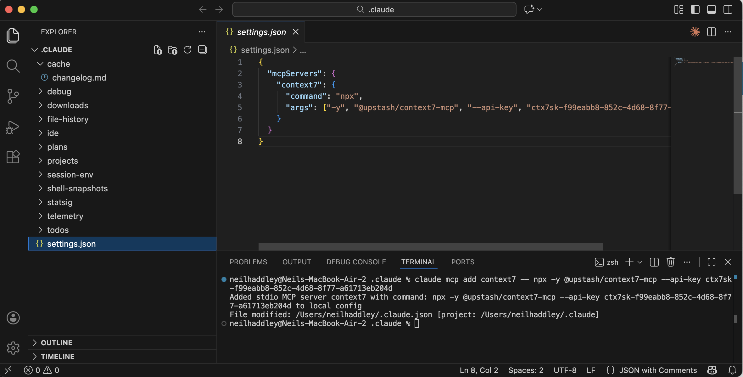 Context7 was saved to ~/.claude/settings.json