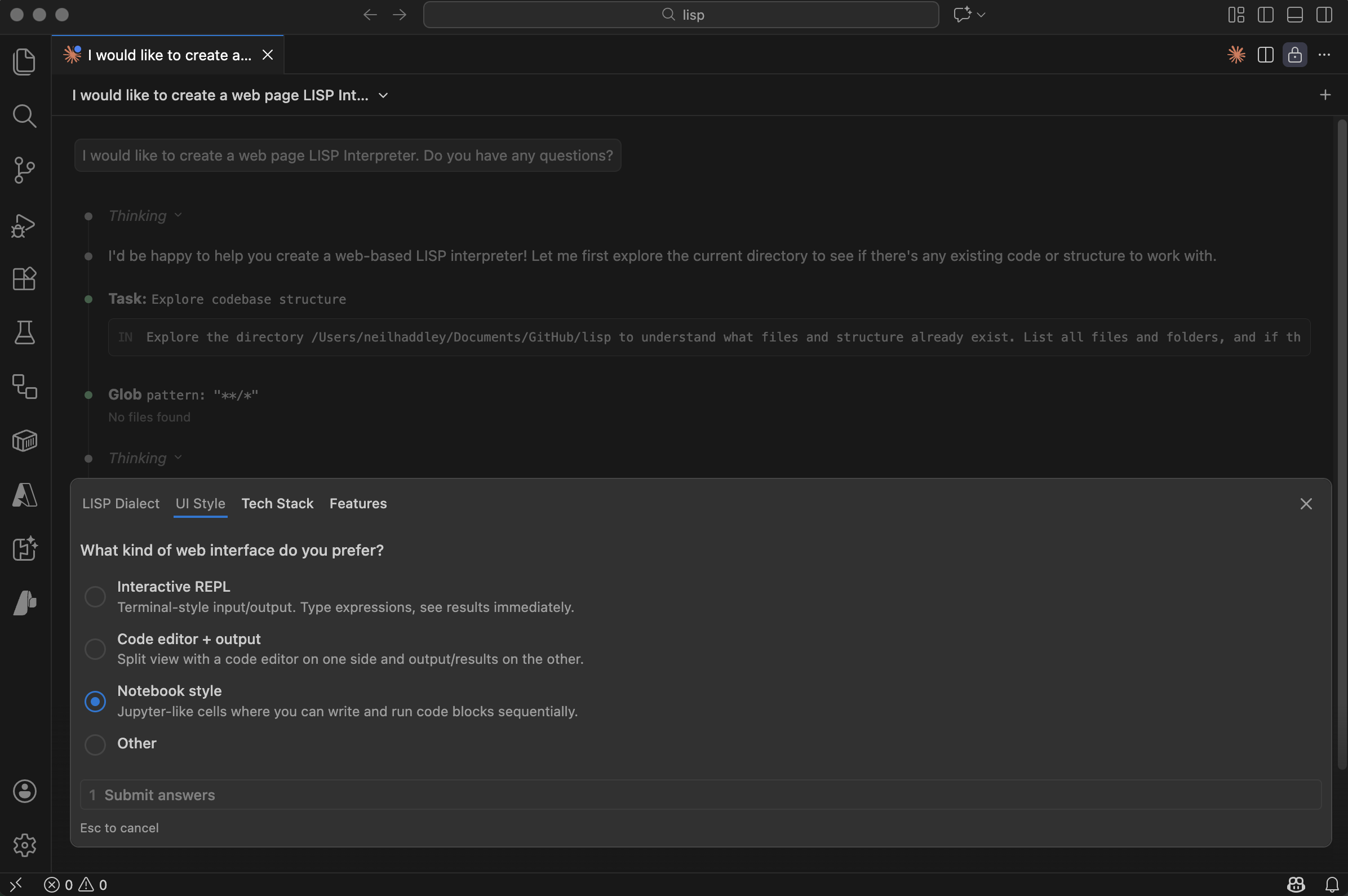 Claude asked whether to use a notebook-style UI