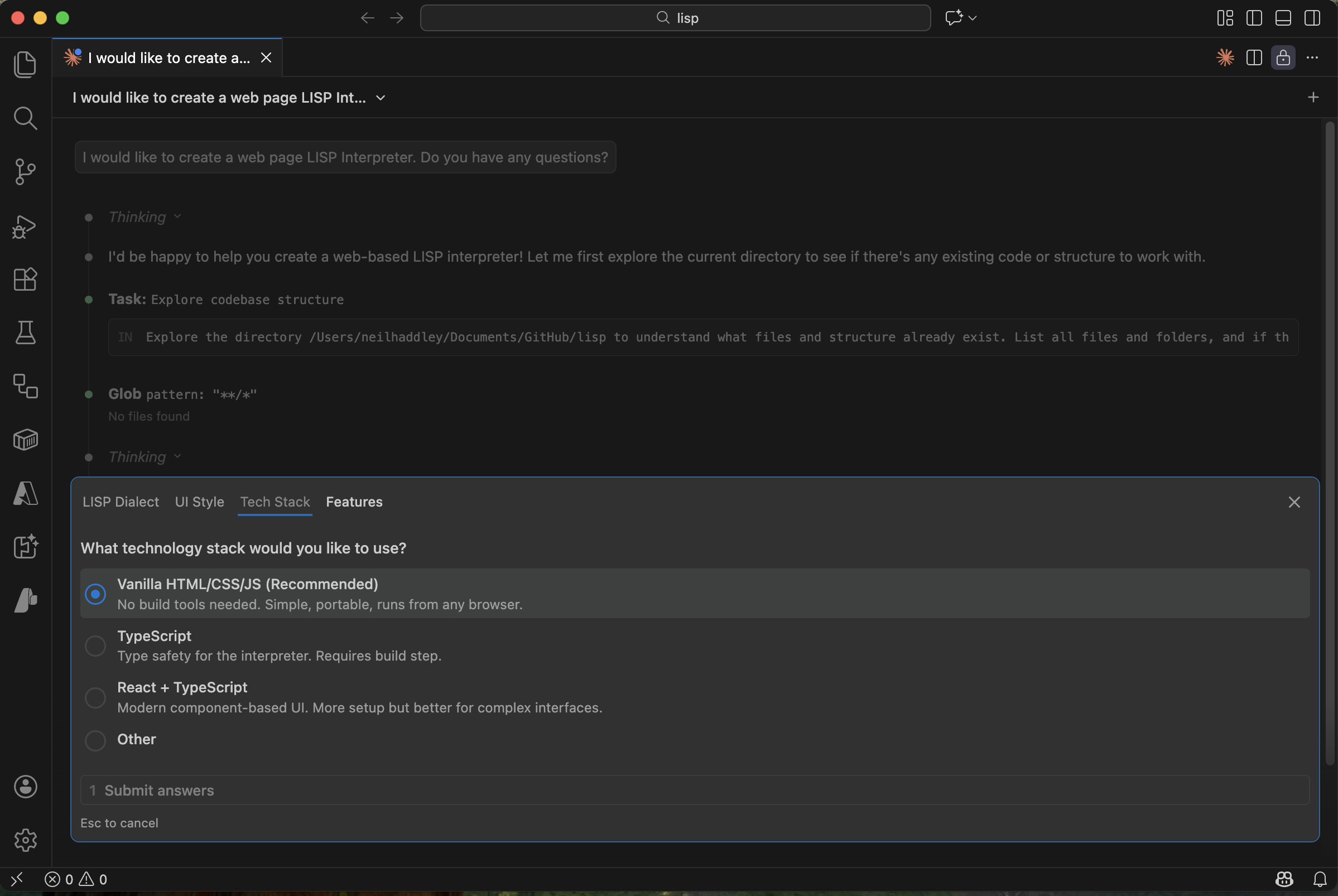 Claude asked whether to use vanilla HTML/CSS/JS with no frameworks