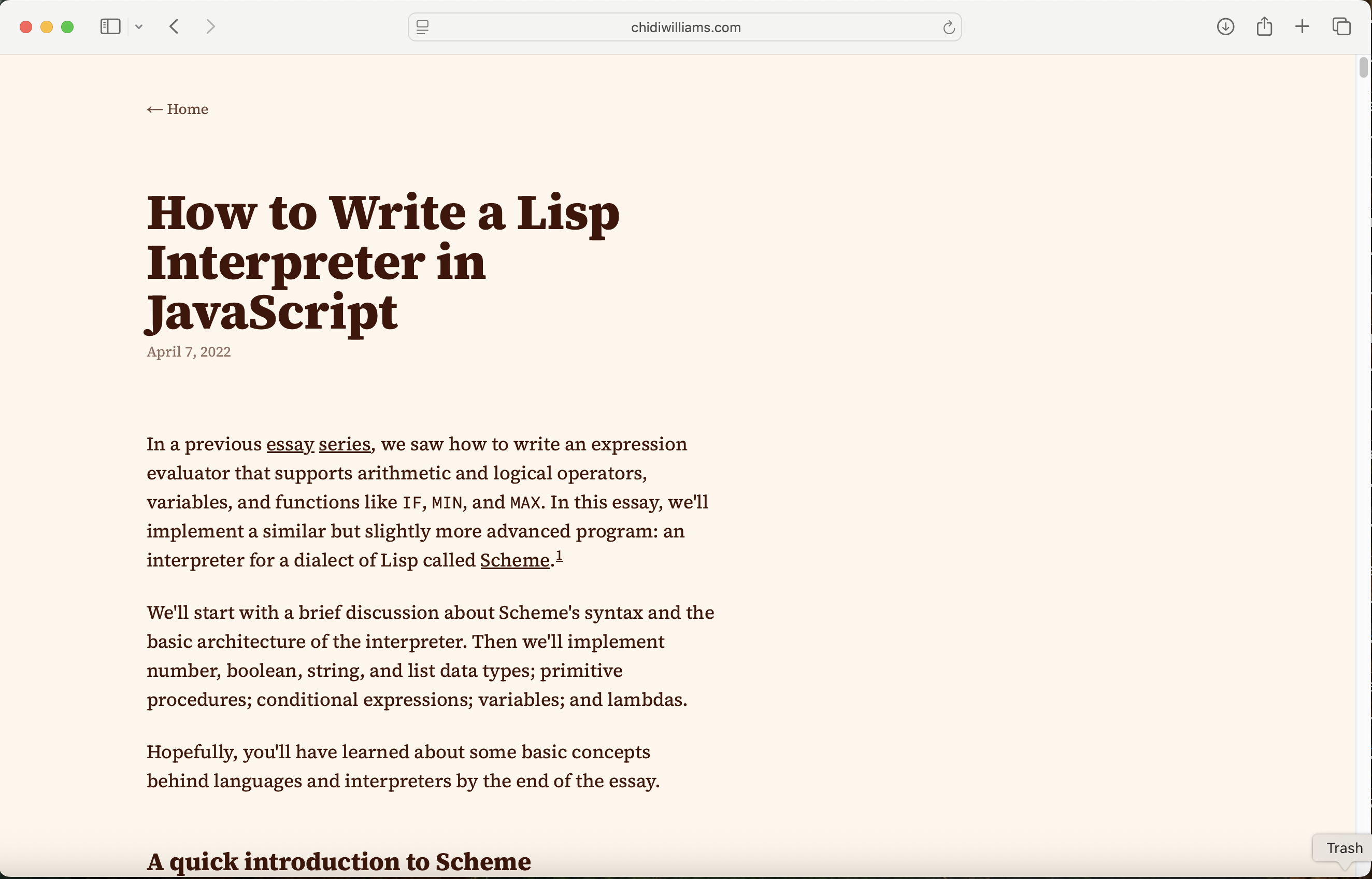Claude fetched the reference article on writing a LISP interpreter in JavaScript