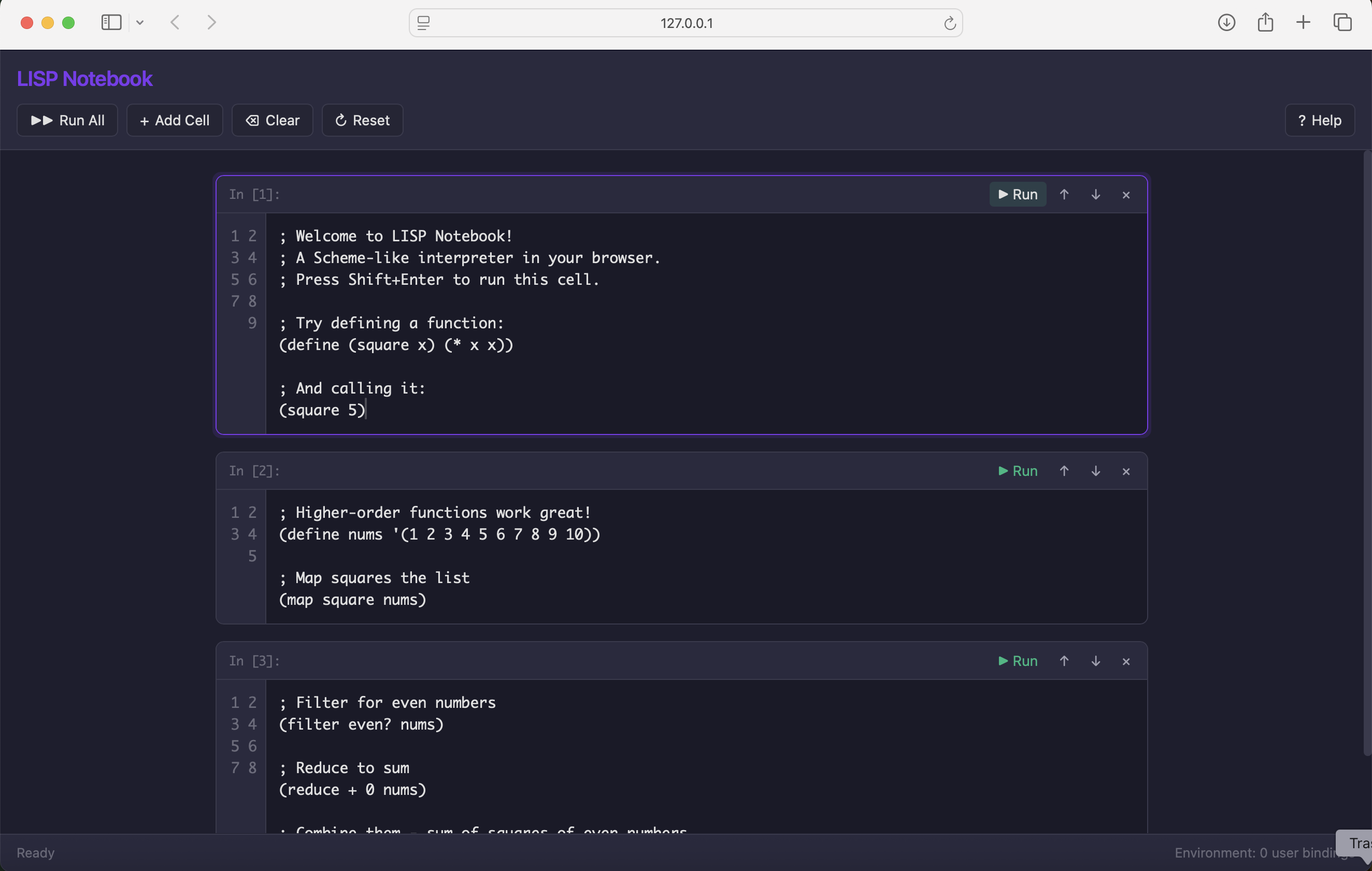 The LISP Notebook was running in the browser