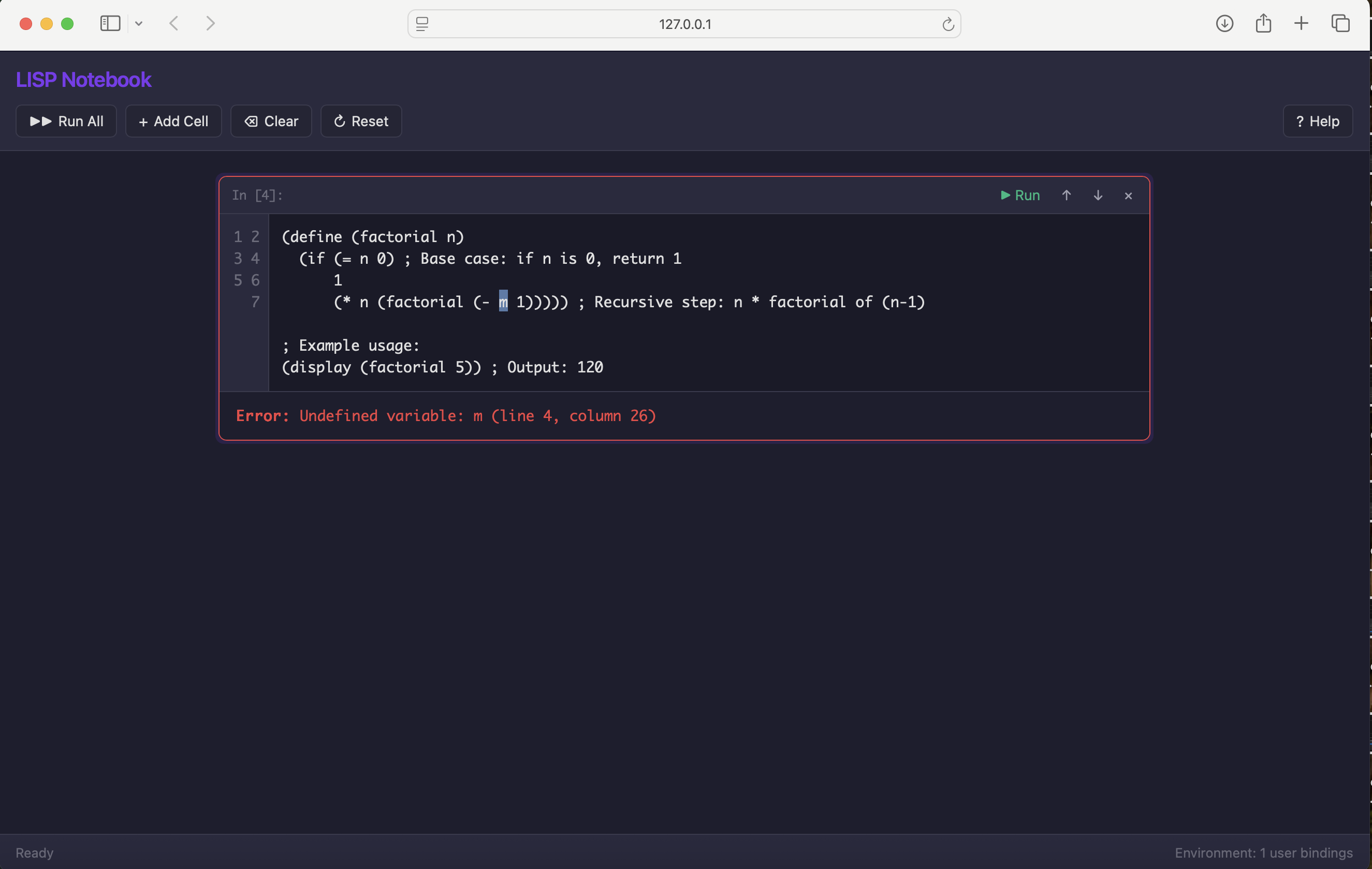I tested error handling — the interpreter returned a meaningful error message