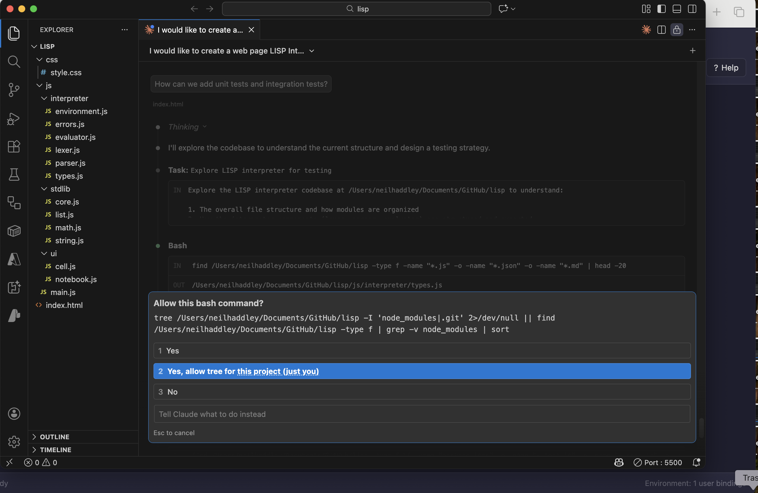 Claude asked permission to run the npm install command for Jest