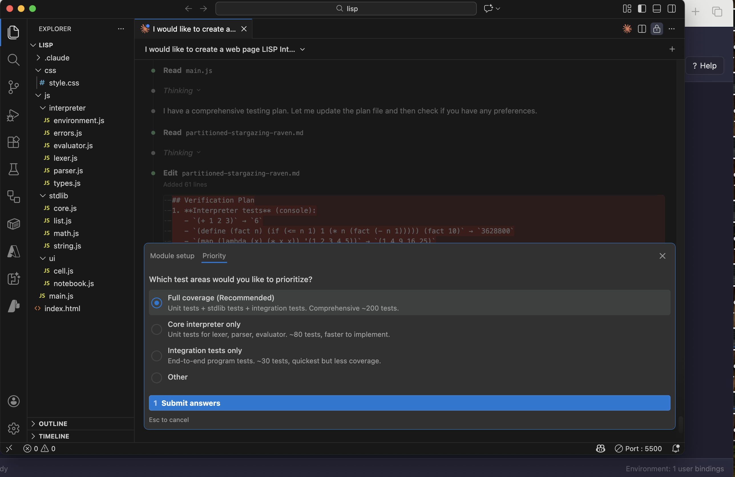 Claude planned full coverage across the tokeniser, parser, and evaluator