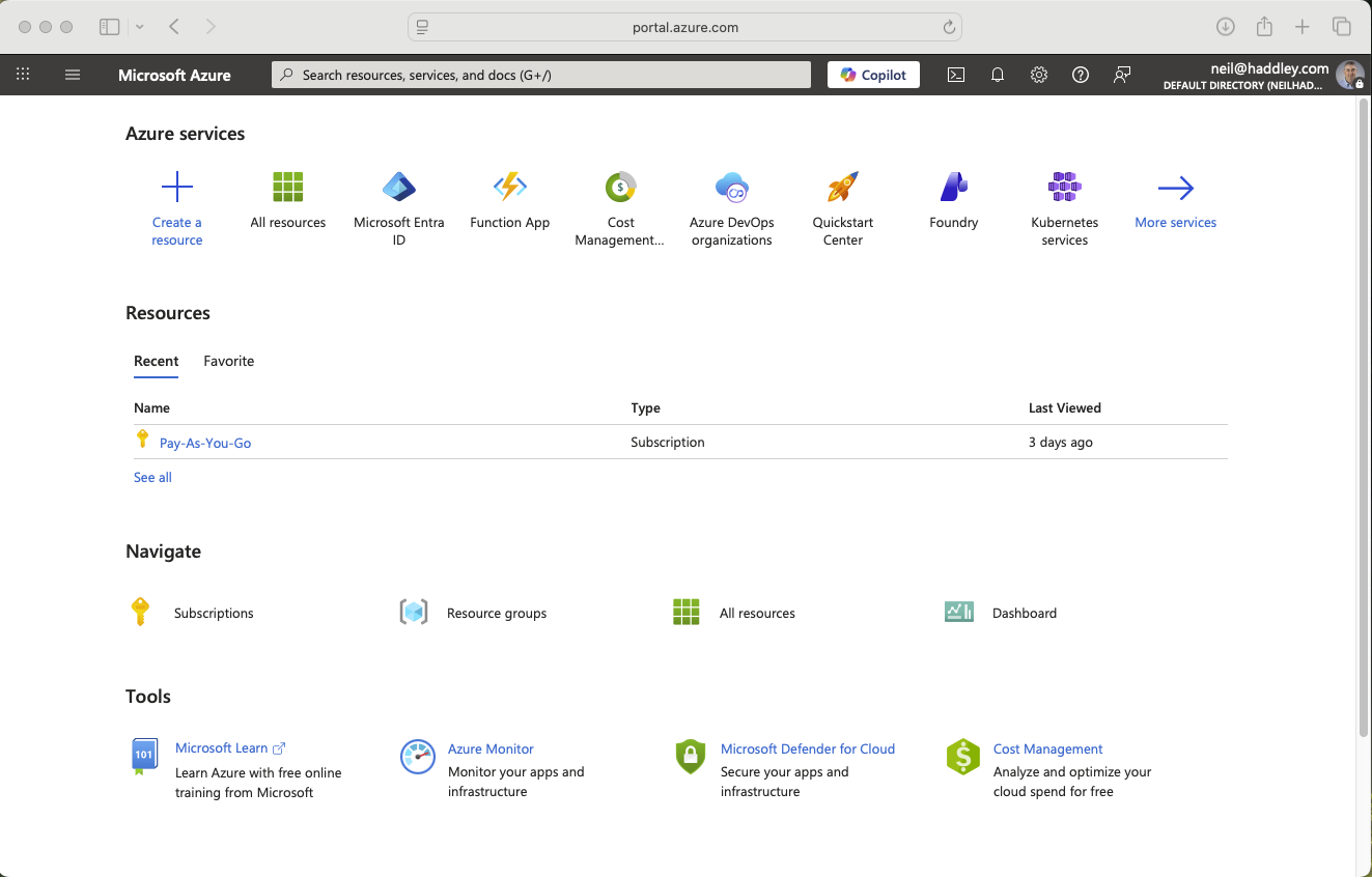 I navigated to portal.azure.com and created a new resource