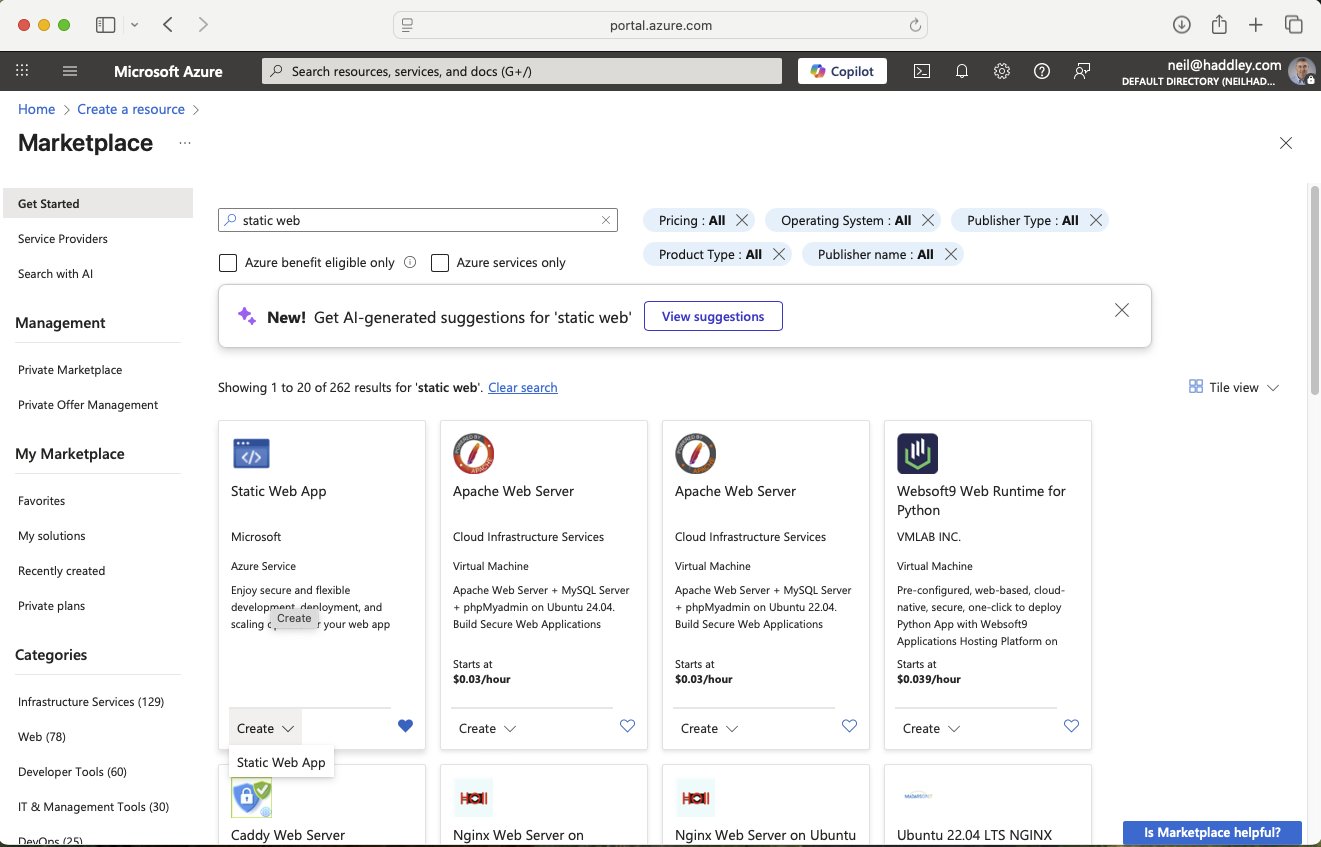 I selected Static Web App