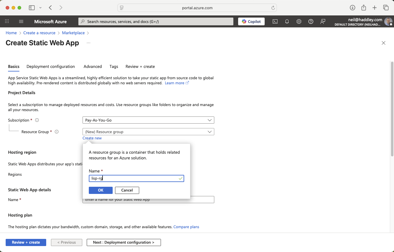 I created a new Resource Group for the app