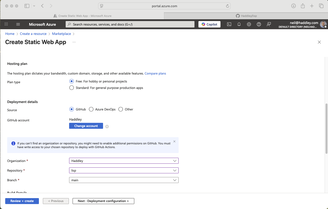 I selected the Free plan and linked it to the GitHub repository