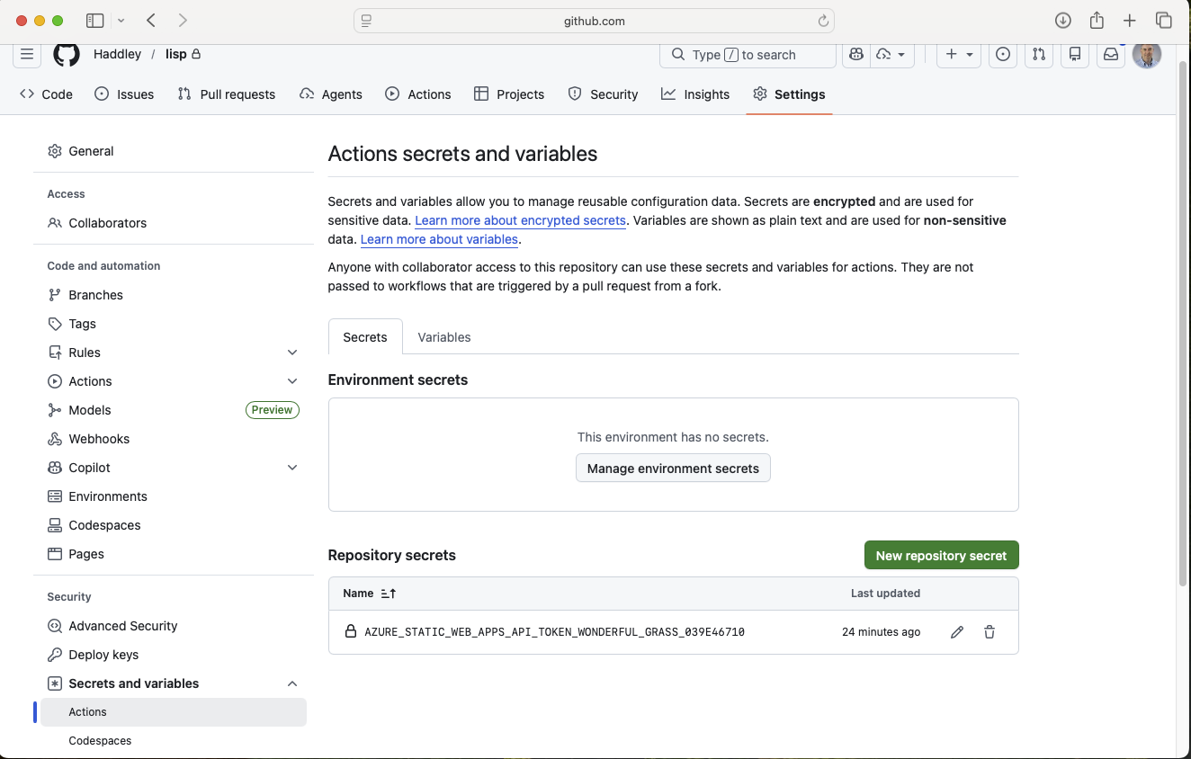 I added the Azure deployment secret to the GitHub repository settings