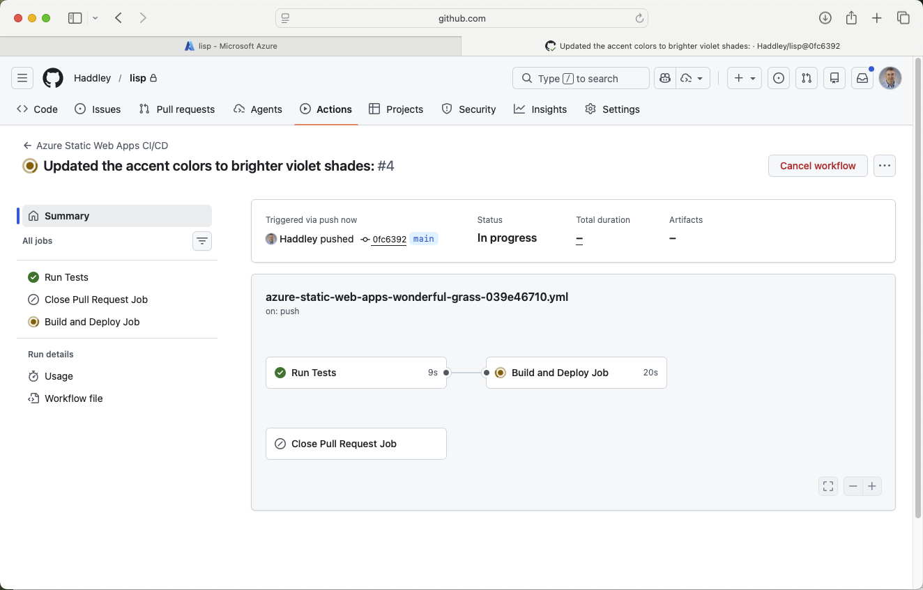 The GitHub Action triggered — tests passed and the app deployed