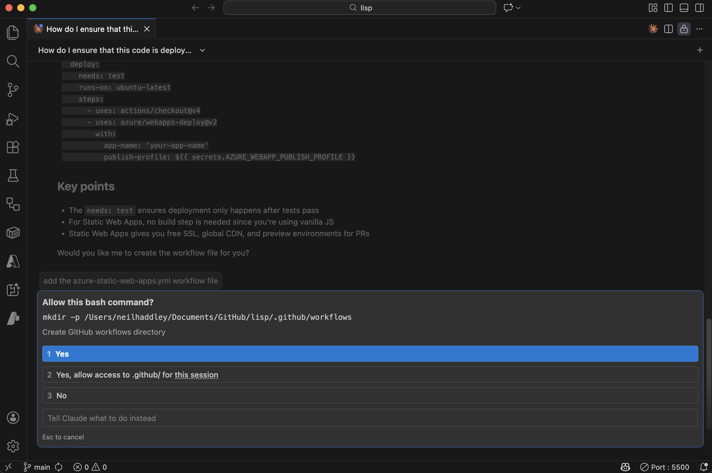 Claude created the .github/workflows directory