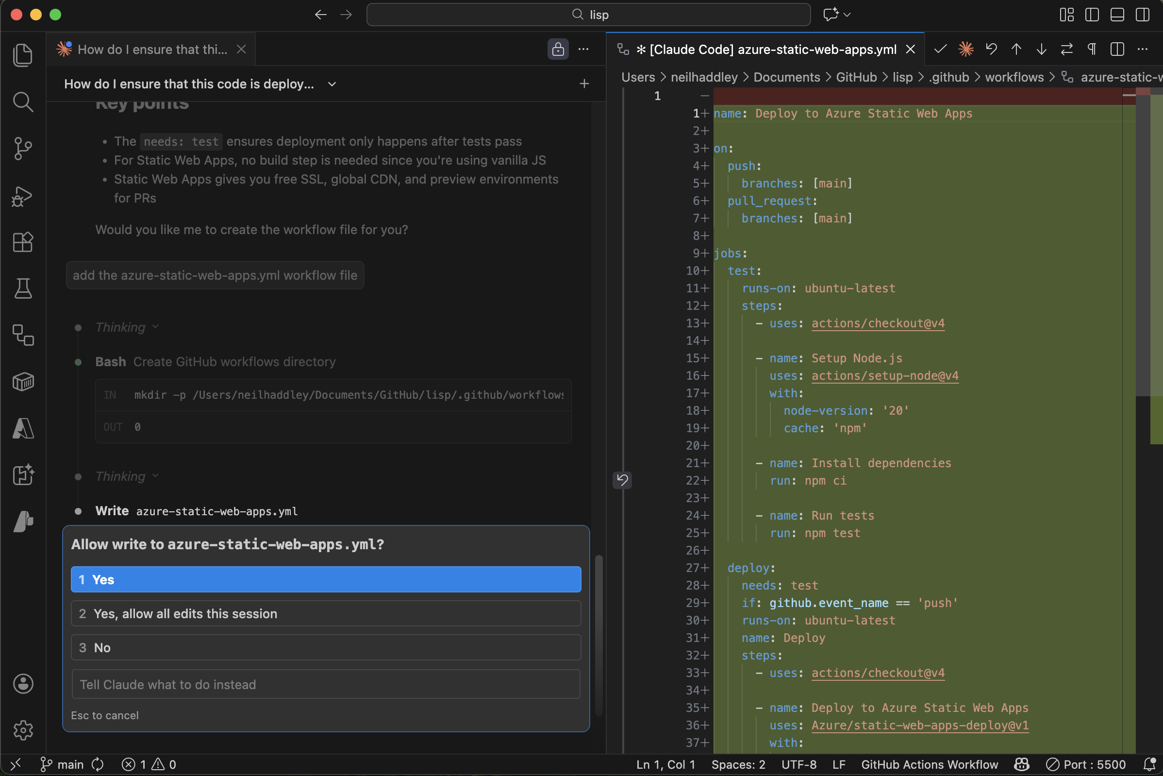 Claude created the azure-static-web-apps.yml workflow file