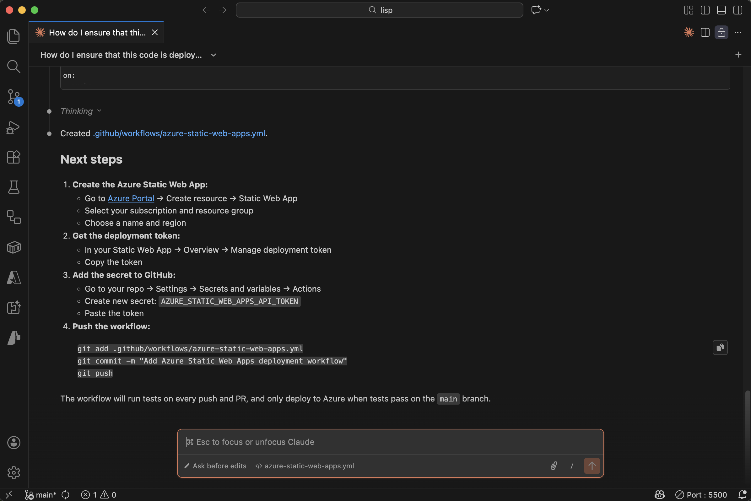 Claude outlined the remaining manual steps in the Azure portal