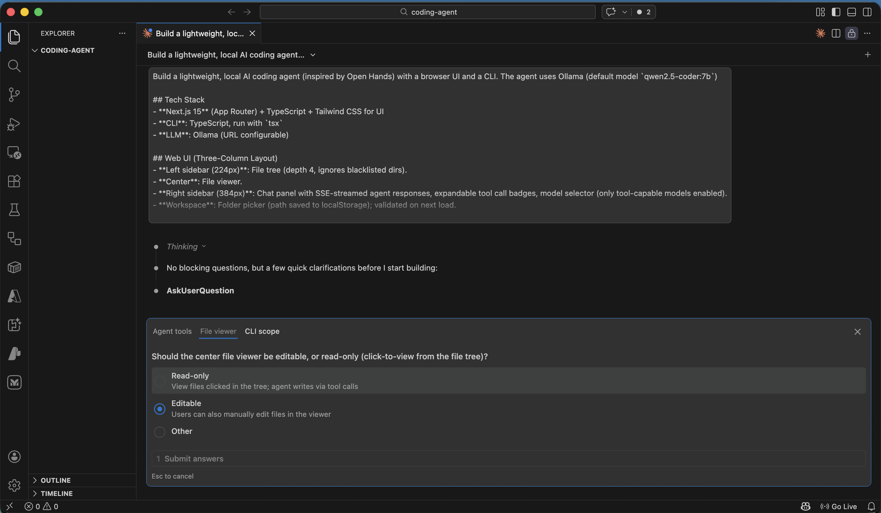 Claude asked whether the center file viewer should be editable