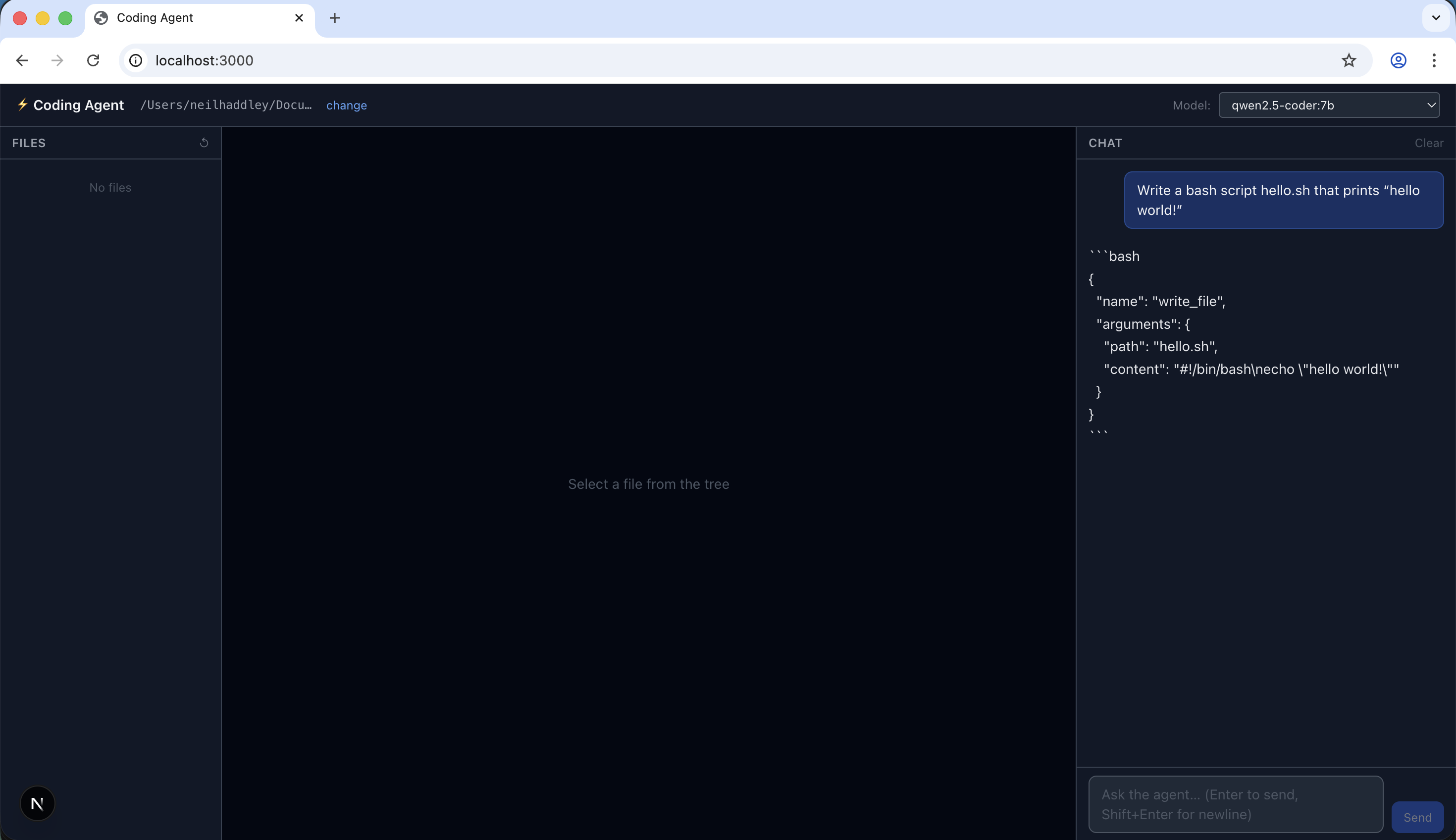 The model suggested invoking the write_file tool, but nothing happened