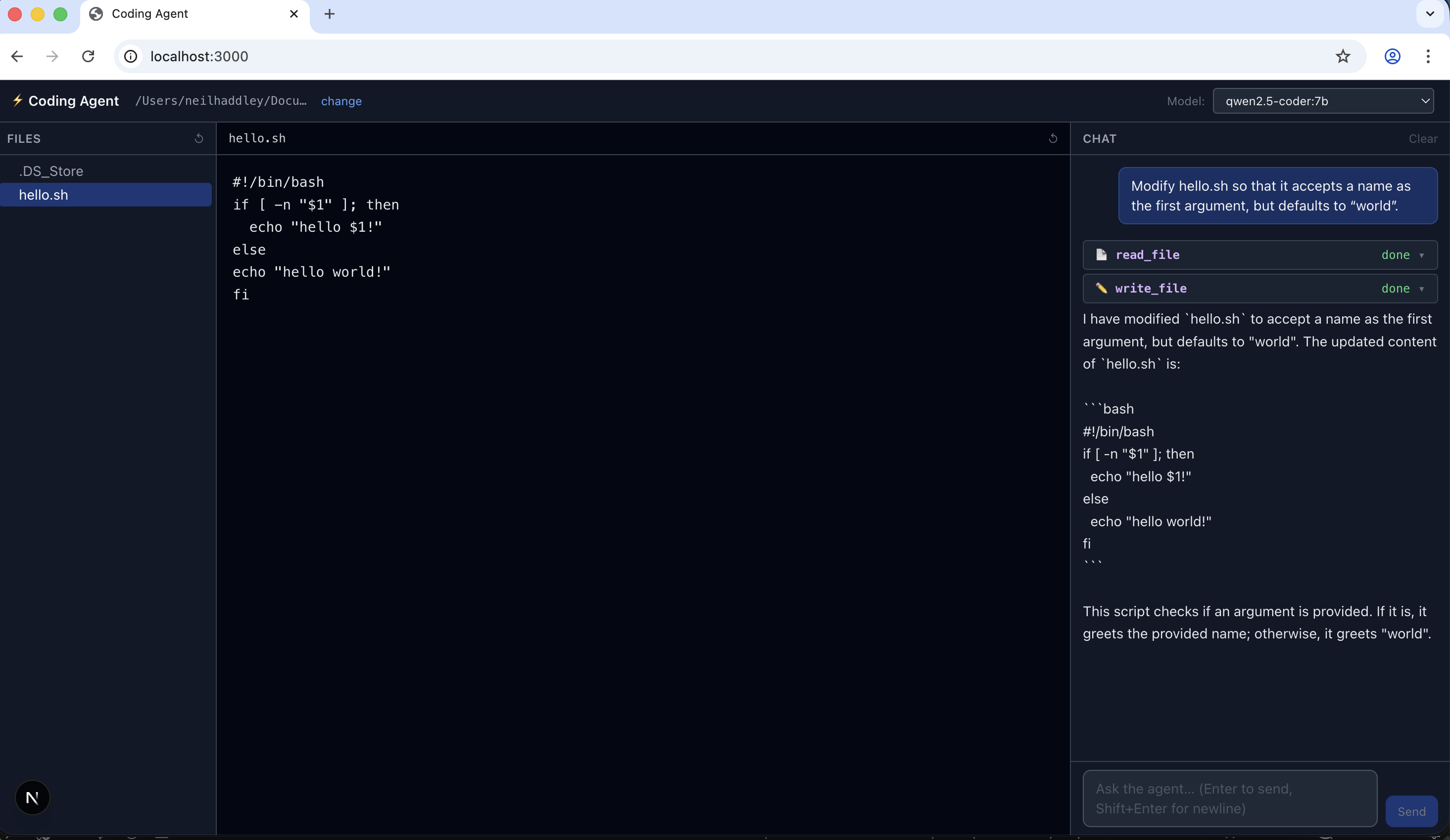I asked the agent to modify hello.sh to accept a name argument