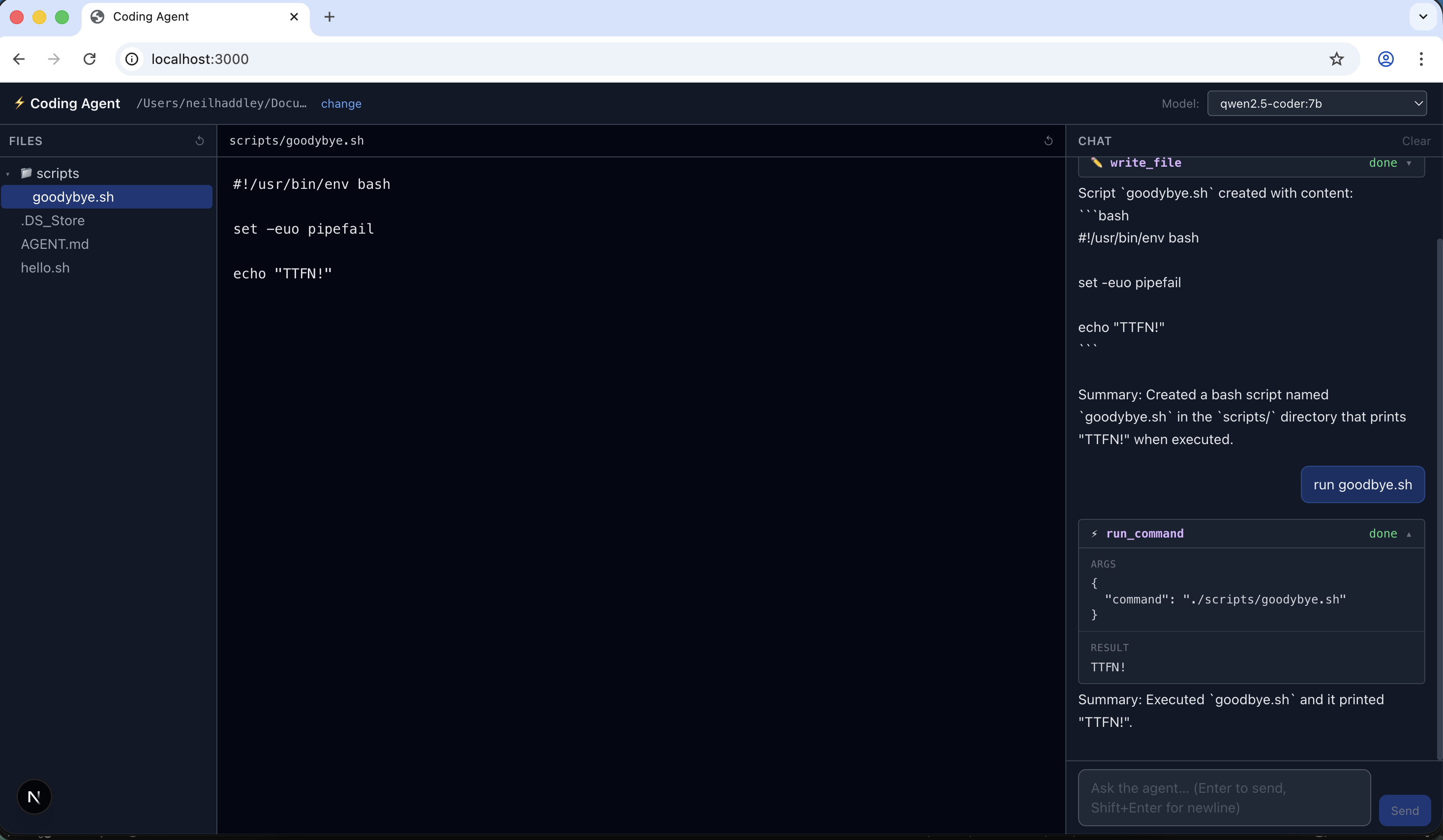 I asked the agent to create goodbye.sh using the AGENT.md project instructions
