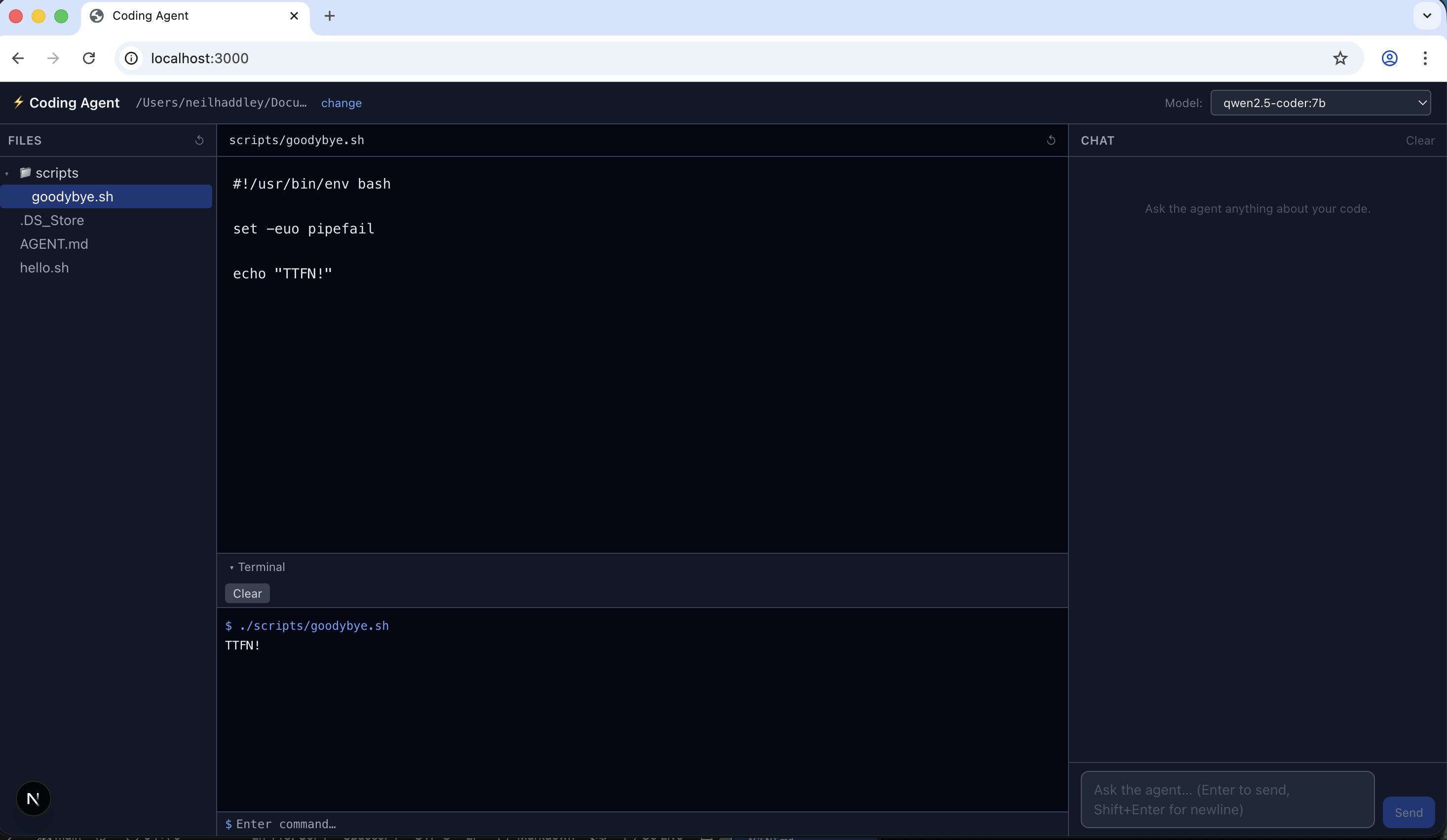 The terminal panel was running in the browser