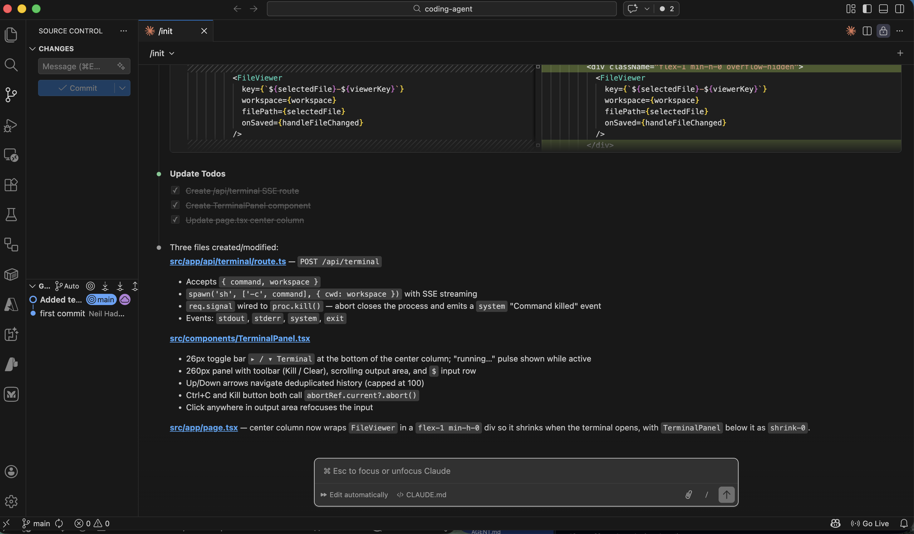 I described the terminal panel feature to Claude Code