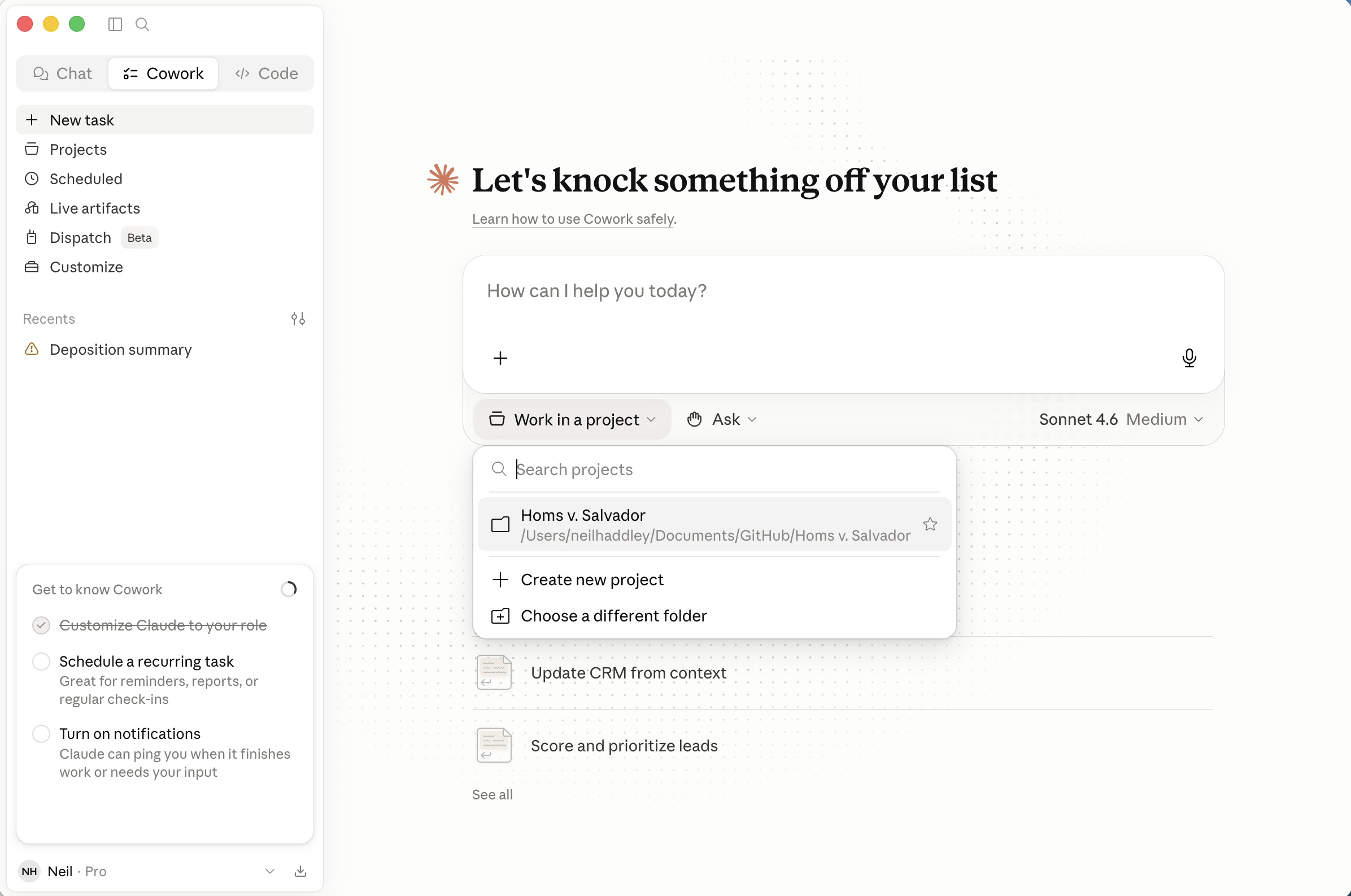 I selected the Homs v. Salvador project (folder) from the Work in a project dropdown