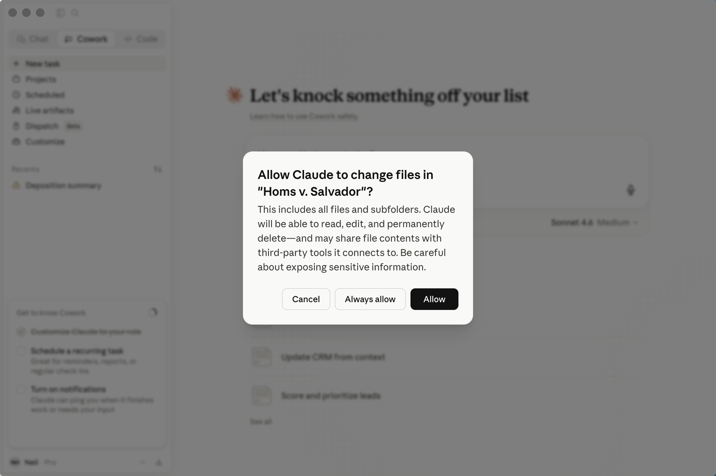 I clicked Allow when Cowork asked for permission to access the project (local folder)
