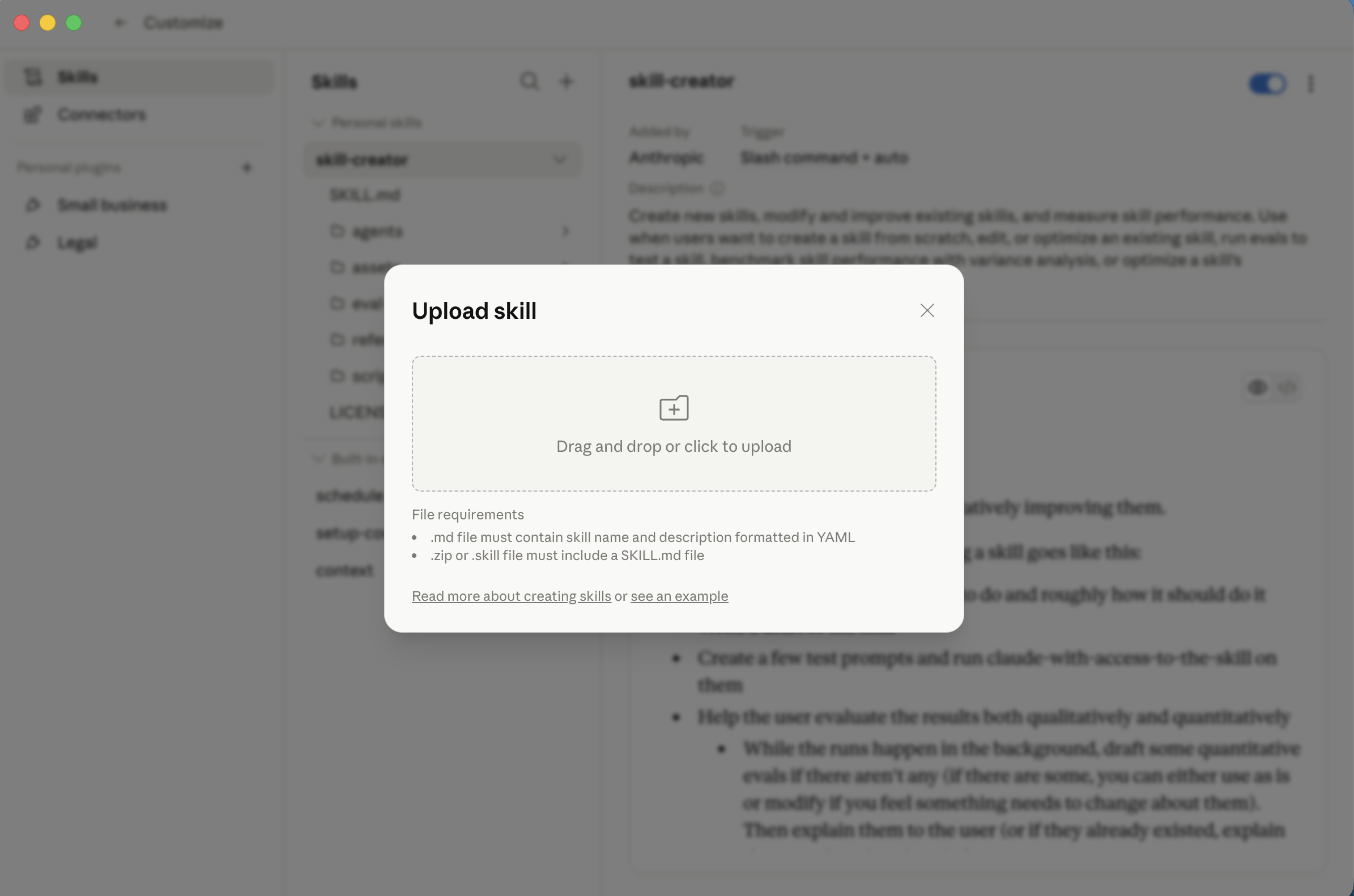 The Upload skill dialog accepts a .md file or .zip containing a SKILL.md. I selected the zip file