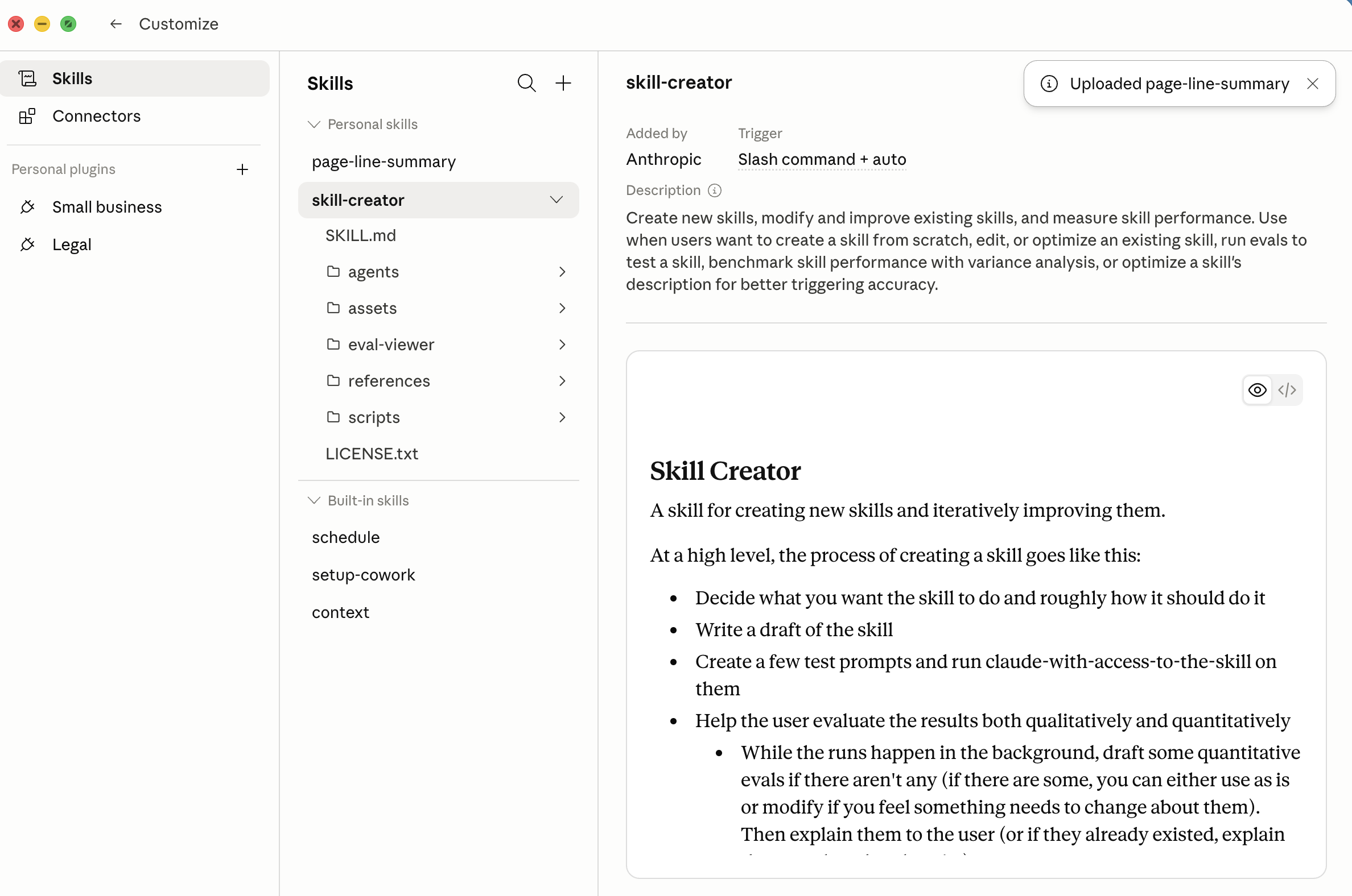 After I uploaded the zip, Cowork confirmed the skill with an "Uploaded page-line-summary" badge