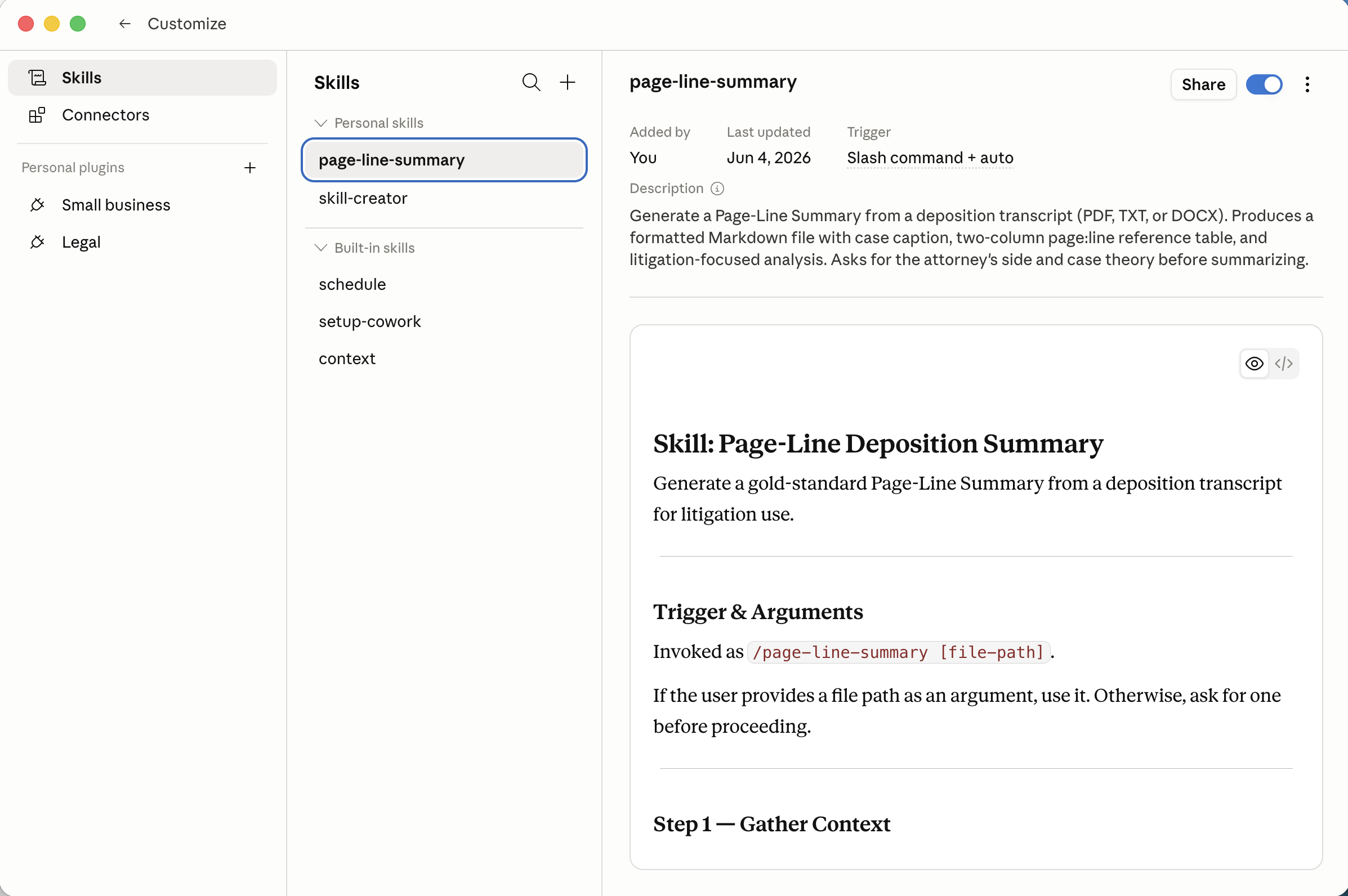 I opened the skill detail view — it showed the trigger and description