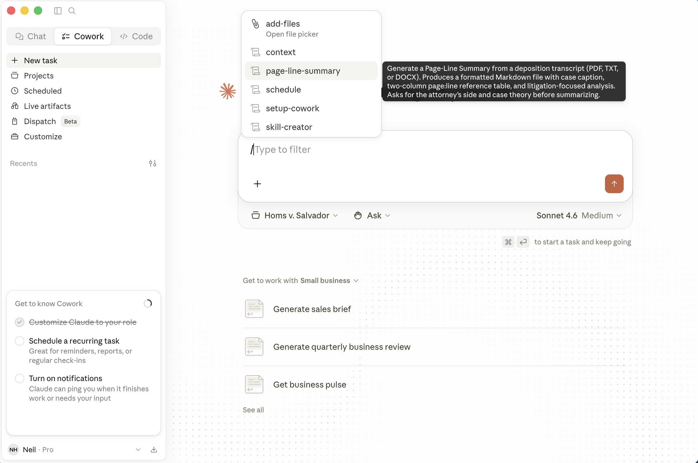 I typed '/' to select a skill. The skill picker showed page-line-summary with its description as a tooltip. I could have typed /page-line-summary