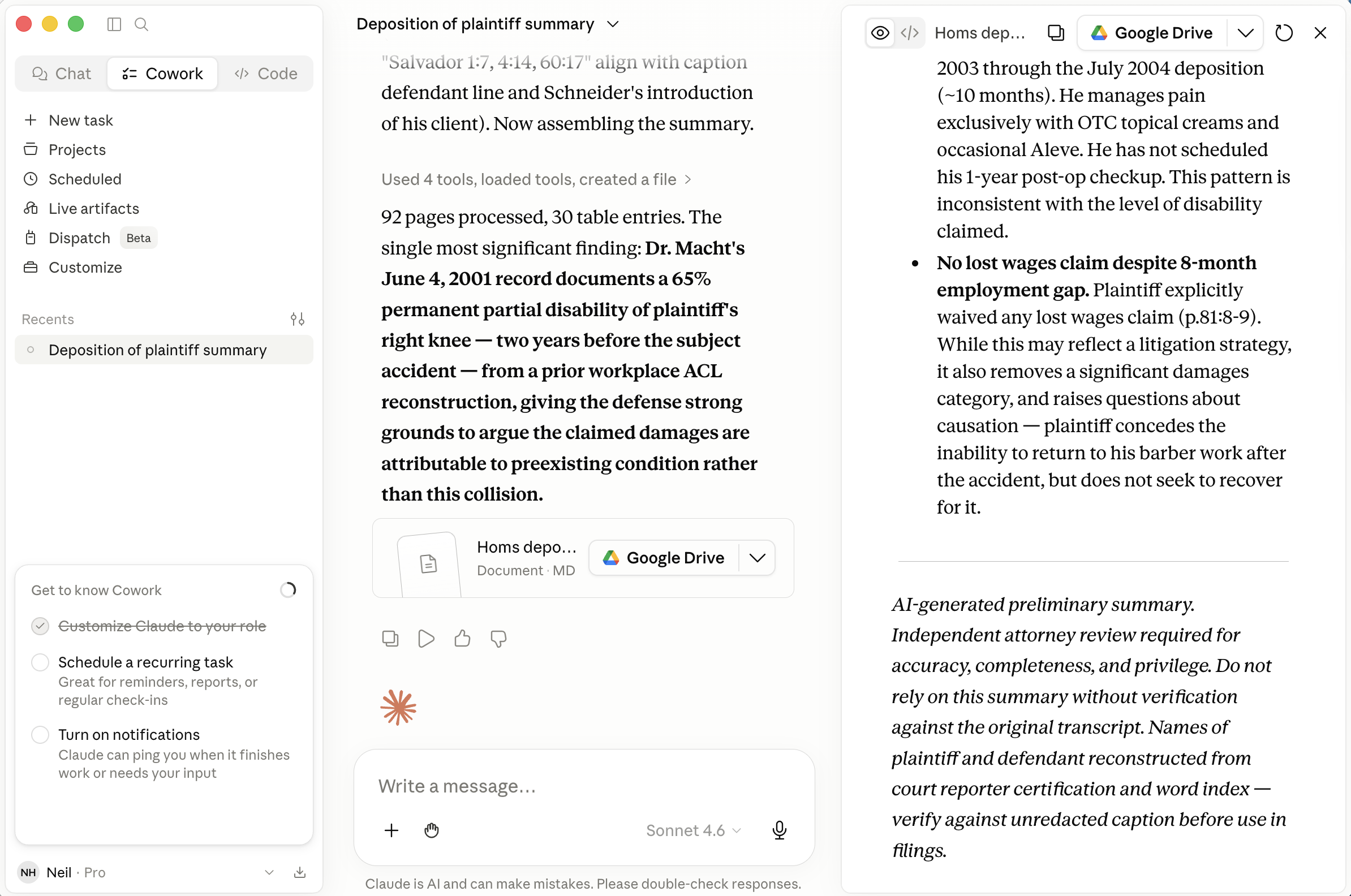 The skill reported its single most significant finding and linked the output document in Google Drive
