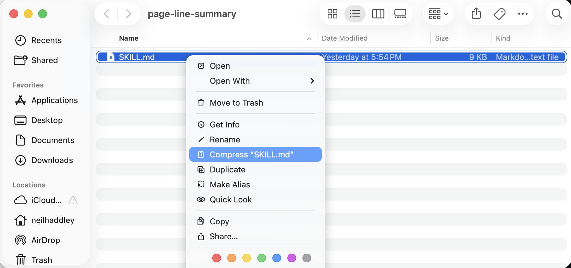 I right-clicked SKILL.md in the page-line-summary folder and selected Compress to create the zip file