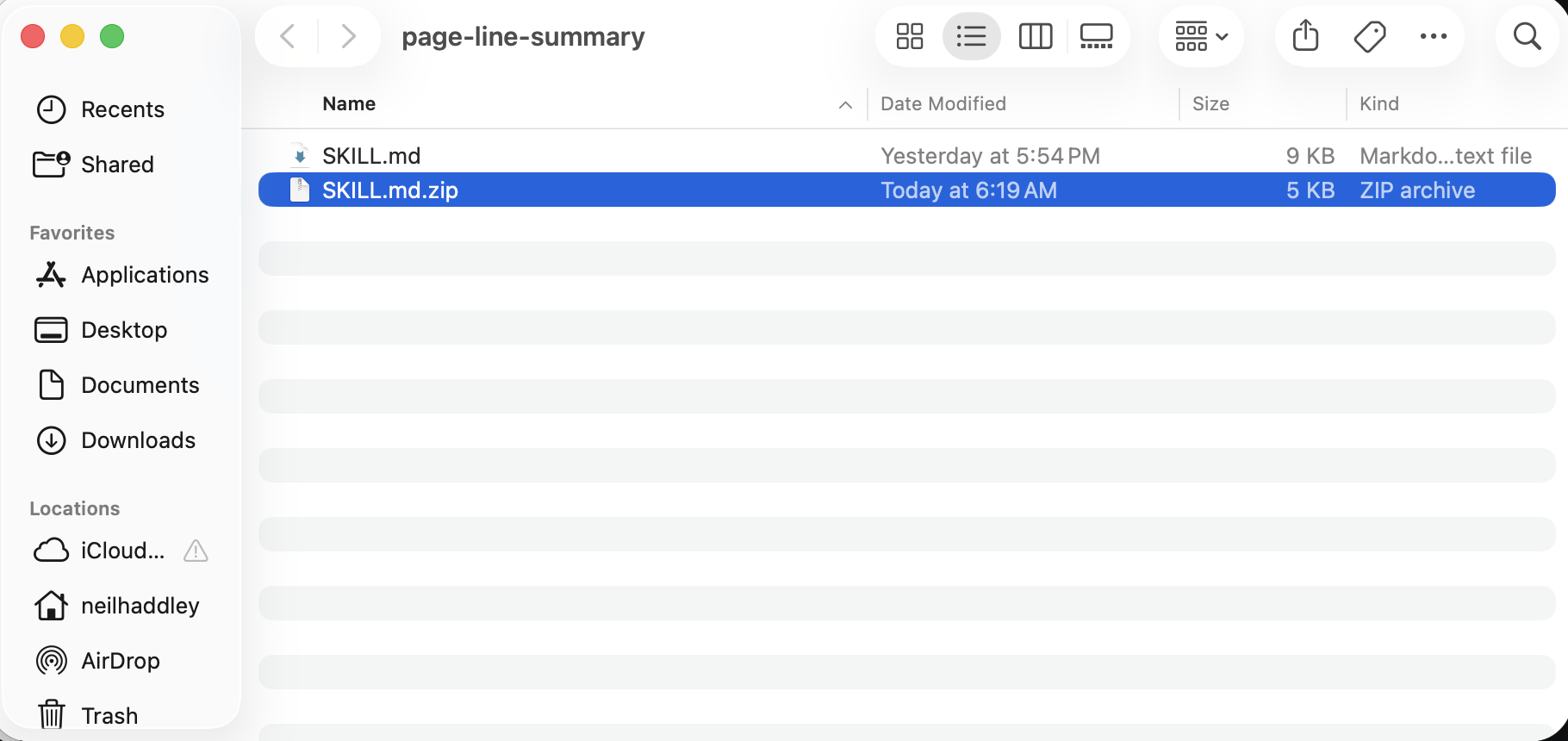 Finder created SKILL.md.zip in the folder, ready to upload to Cowork