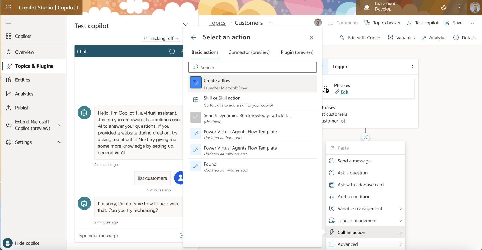 I selected the Call an action|Basic actions|Create a flow menu item