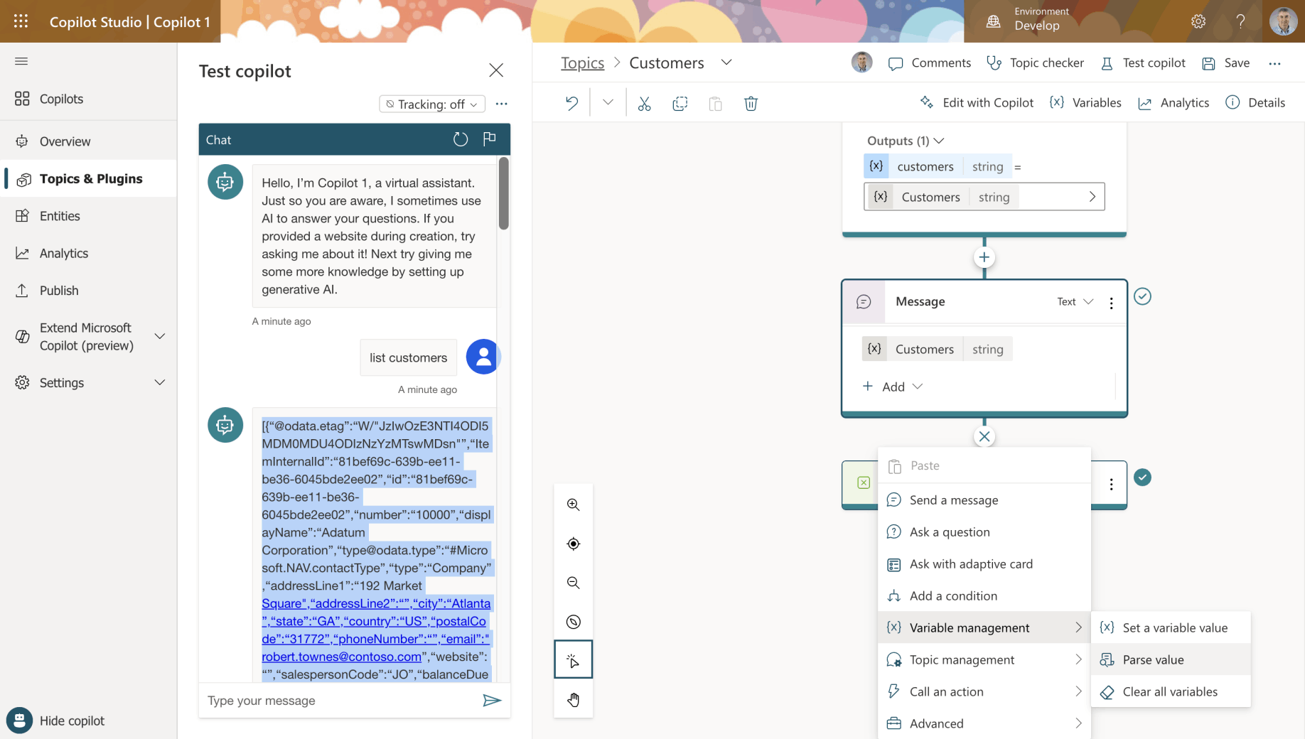 I clicked the Variable management|Parse value menu item